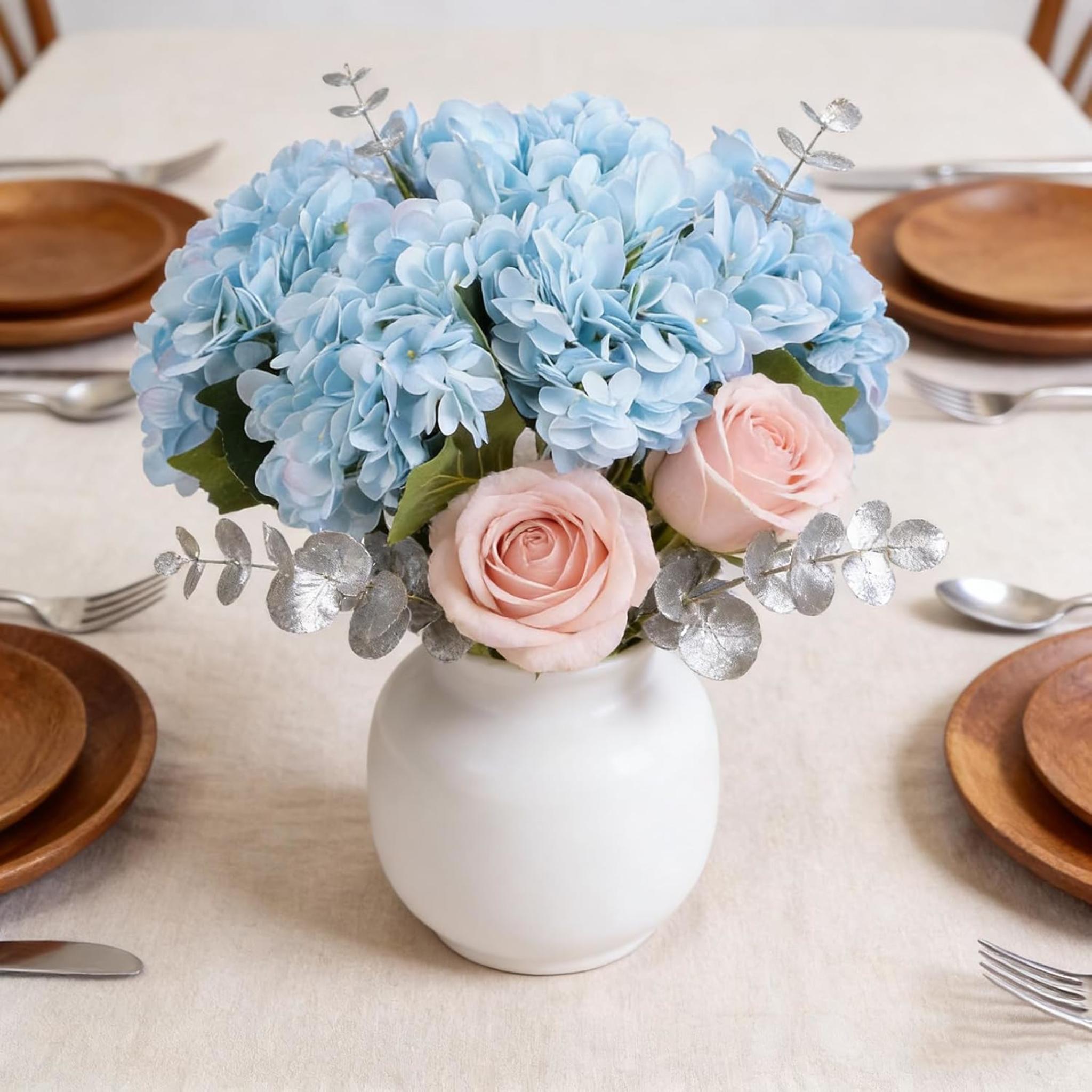 6pcs Blue Artificial Hydrangea Flowers with Stems, Silk Faux Hydrangeas for Wedding and Home Decor
