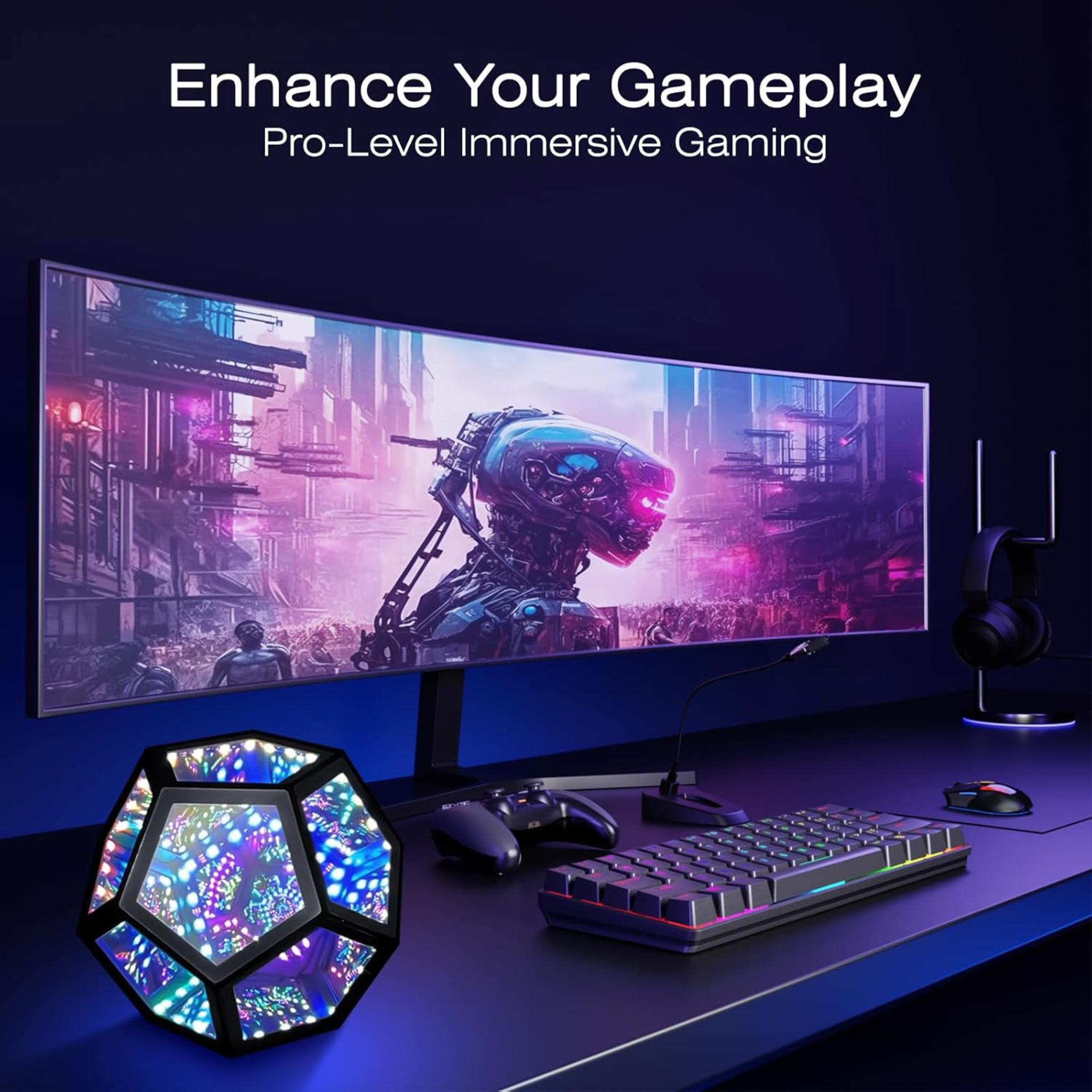 Infinity Mirror Dodecahedron RGBW Color Changing Night Light for Gaming Room Decor