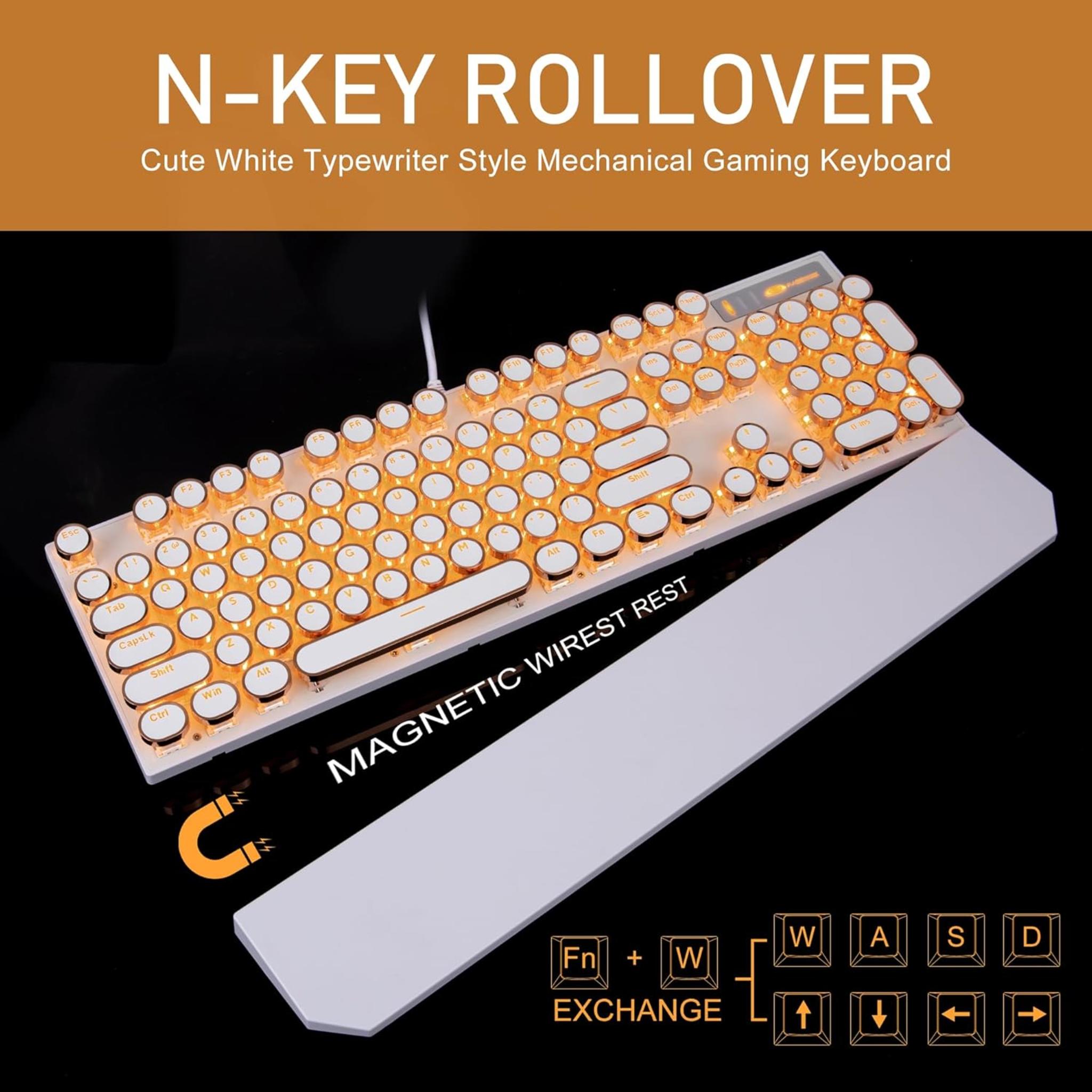 Retro Typewriter Mechanical Gaming Keyboard with Gold LED Backlit and Round Keycaps