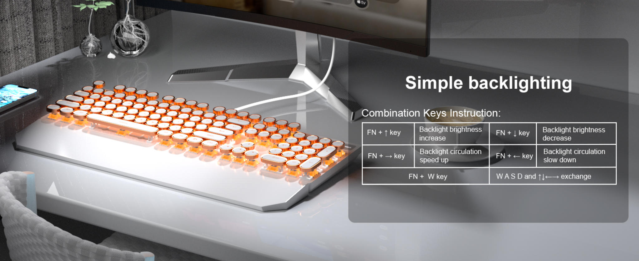 Retro Typewriter Mechanical Gaming Keyboard with Gold LED Backlit and Round Keycaps image 12
