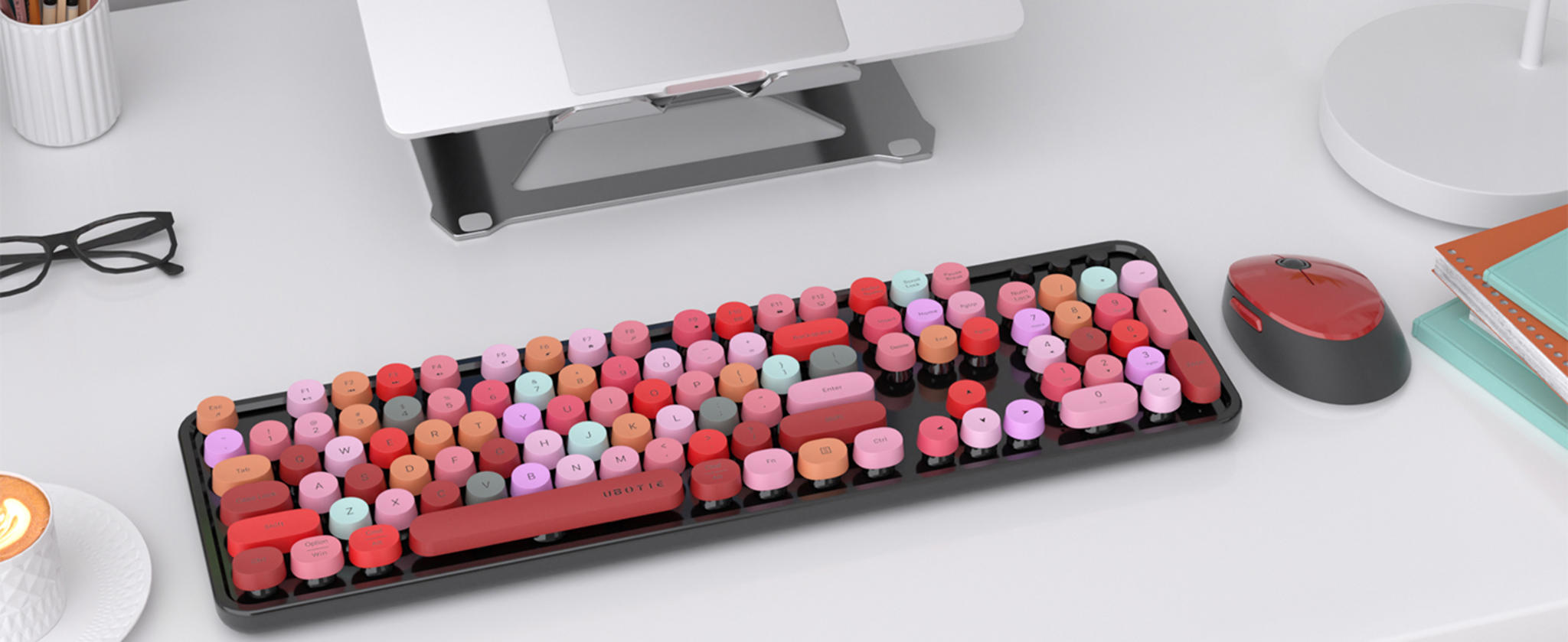 Wireless Keyboard and Mouse Combo, Retro Typewriter Style with Colorful Round Keys image 16