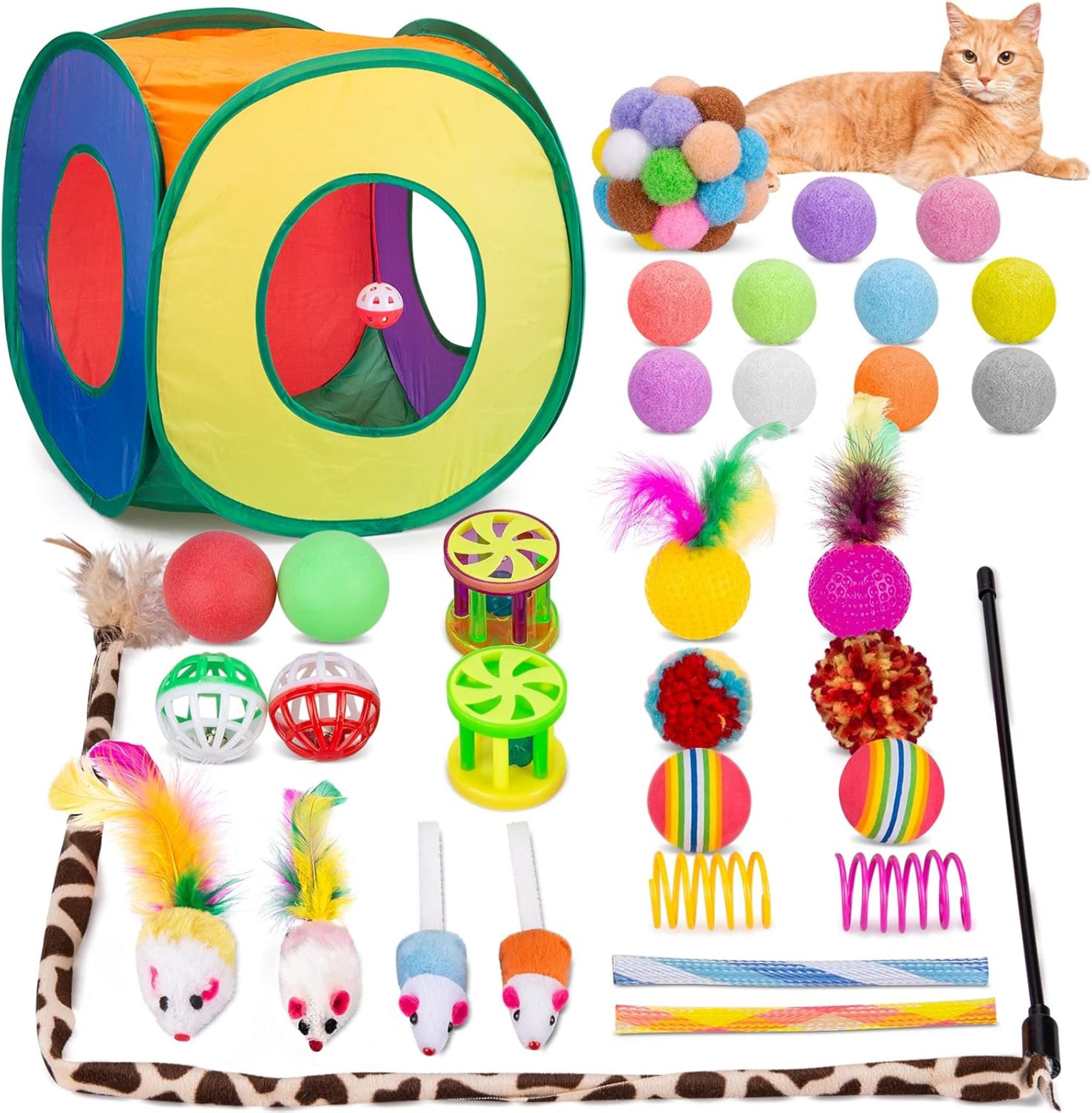 33Pcs Cat Toys Variety Pack with Collapsible Tunnel, Feather Wand and Interactive Balls