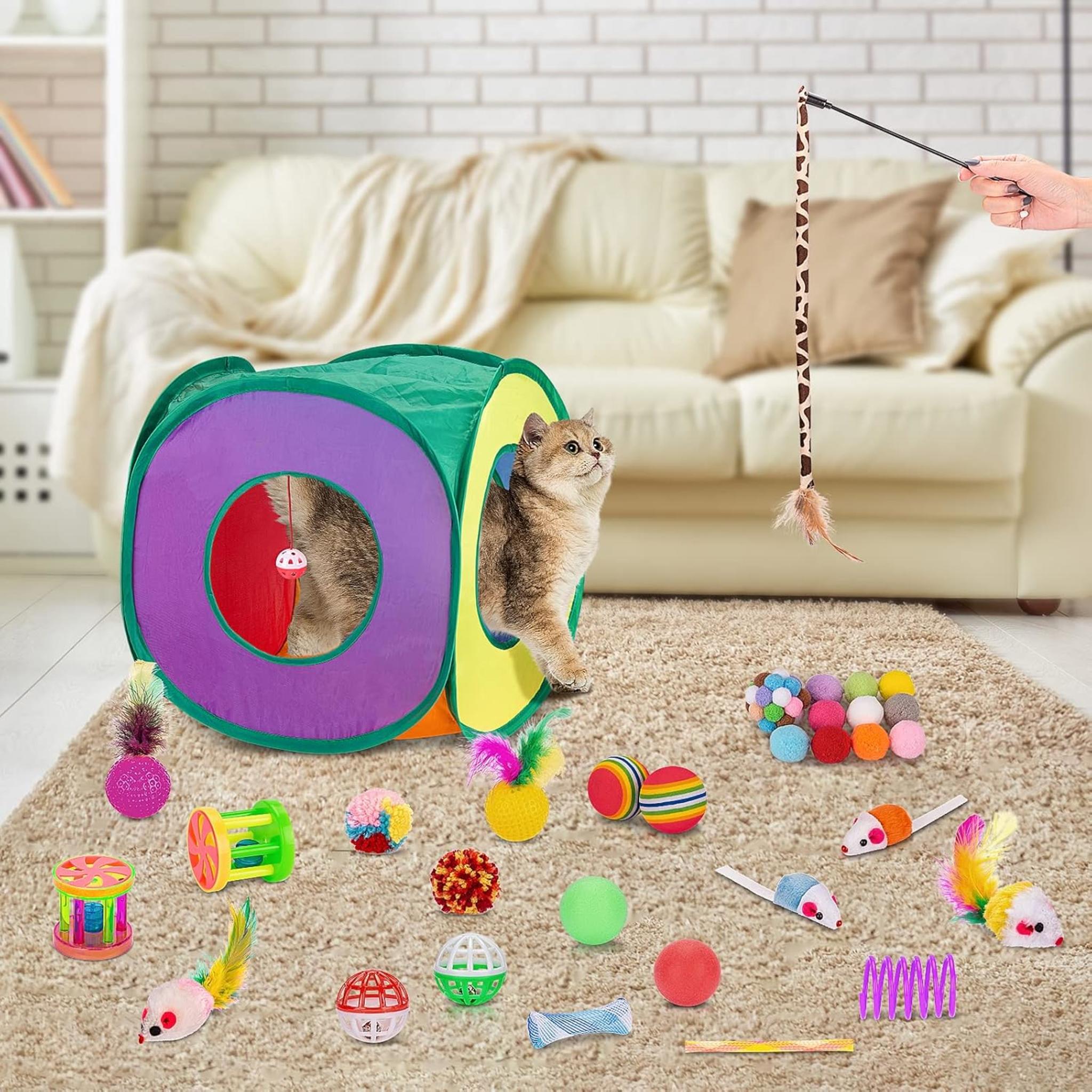33Pcs Cat Toys Variety Pack with Collapsible Tunnel, Feather Wand and Interactive Balls