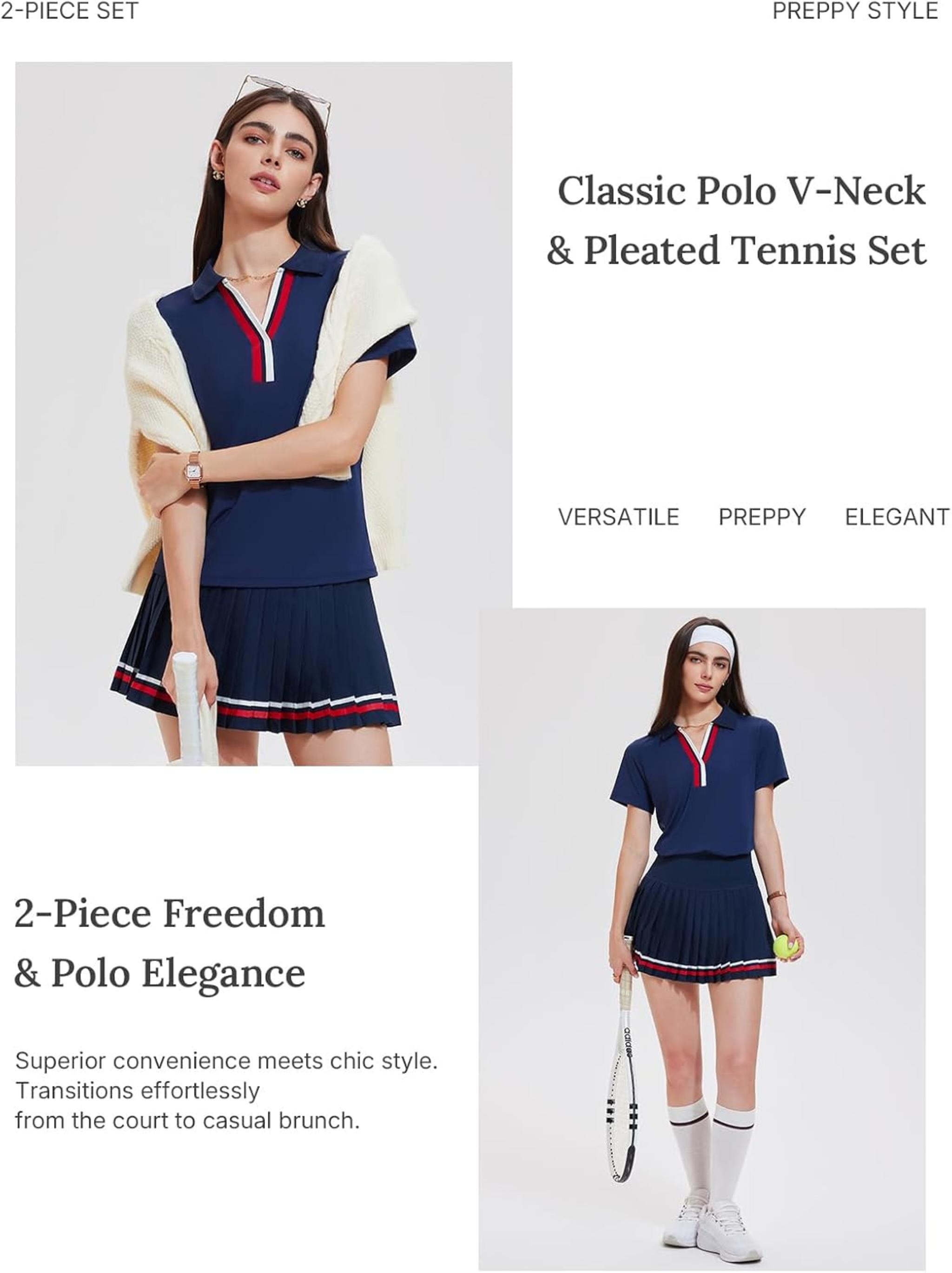 Women's 2 Piece Pleated Tennis Skirt and Polo V-Neck Athletic Set