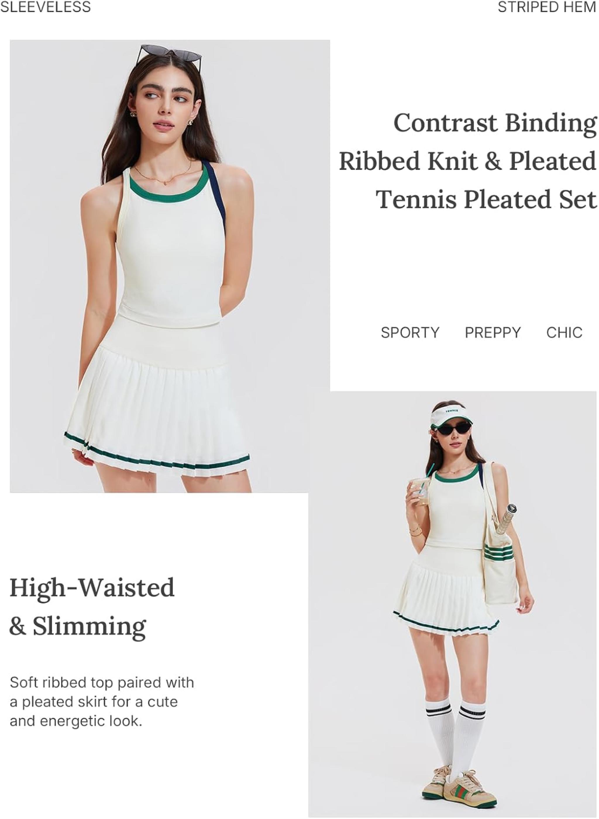 Women's 2 Piece Tennis Skirt Set - Racerback Tank Top and Athletic Golf Dress