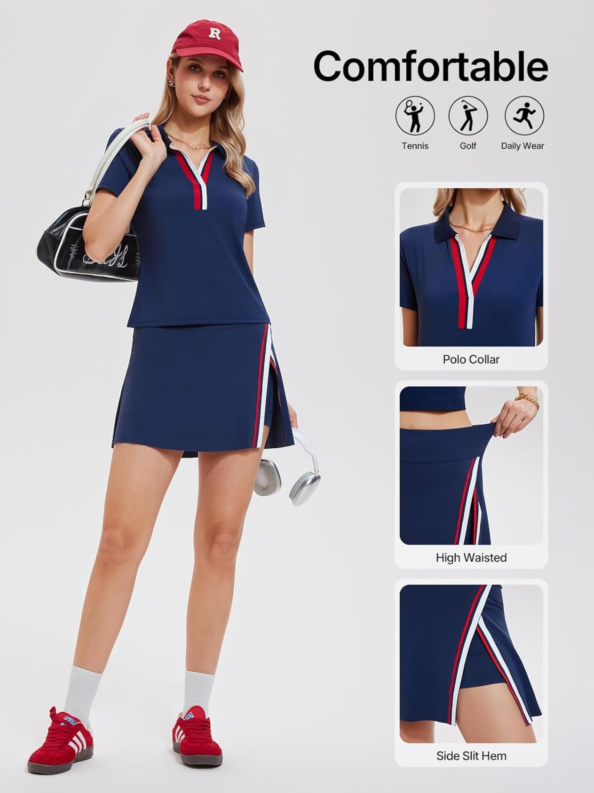 Women's Colorblock V Neck Polo & High Waisted Side Slit Skort Athletic Set