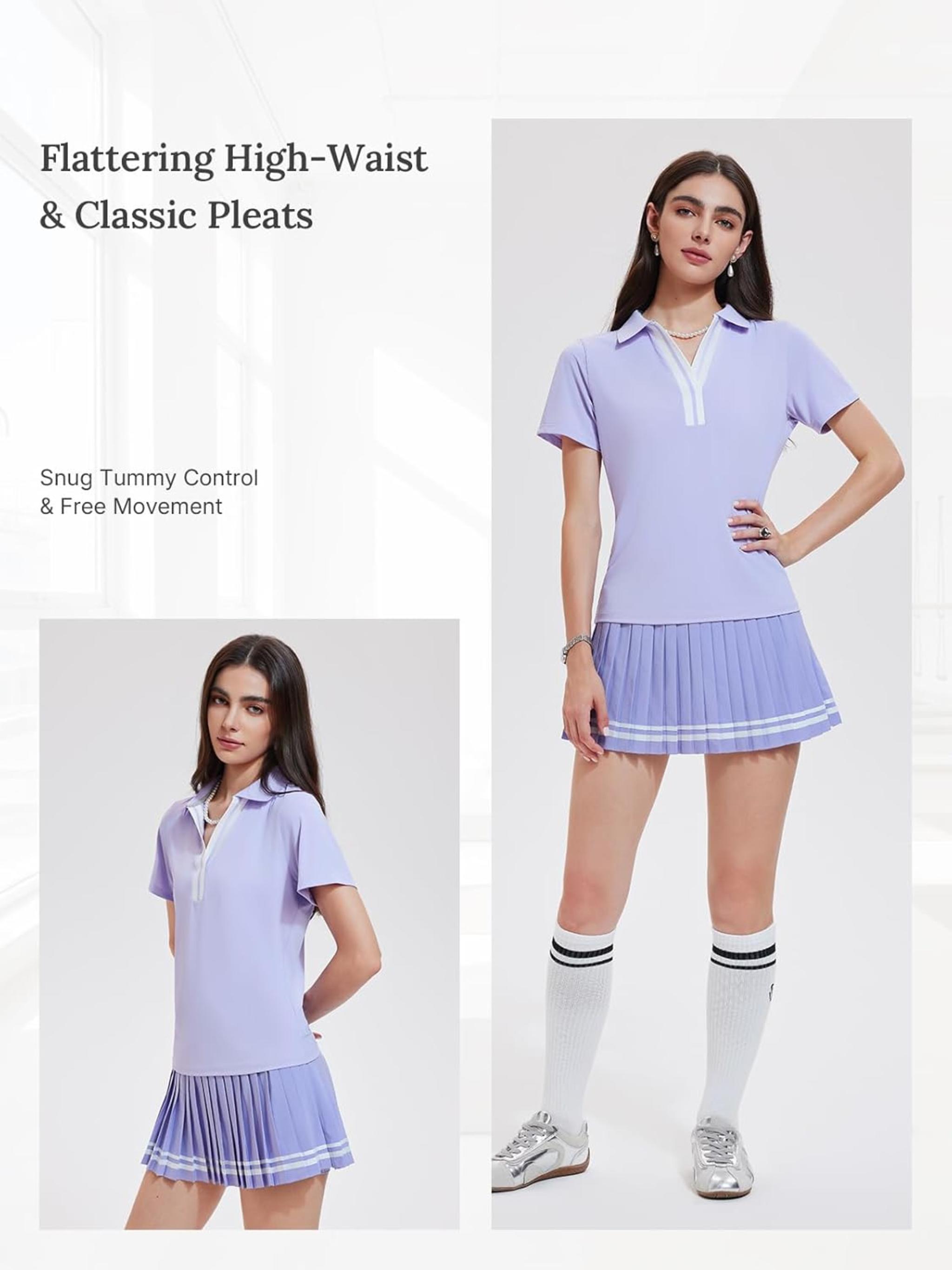 Women's 2 Piece Pleated Tennis Skirt Set with Polo V-Neck