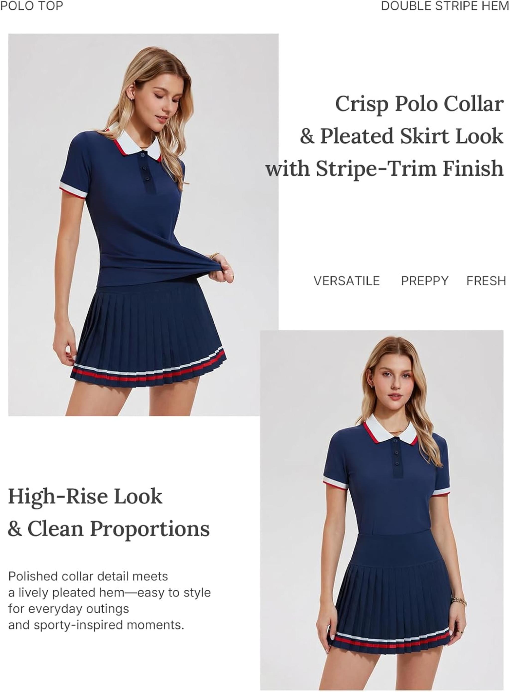 Women's 2 Piece Tennis Skirt Set - Pleated Polo Skort with Pockets