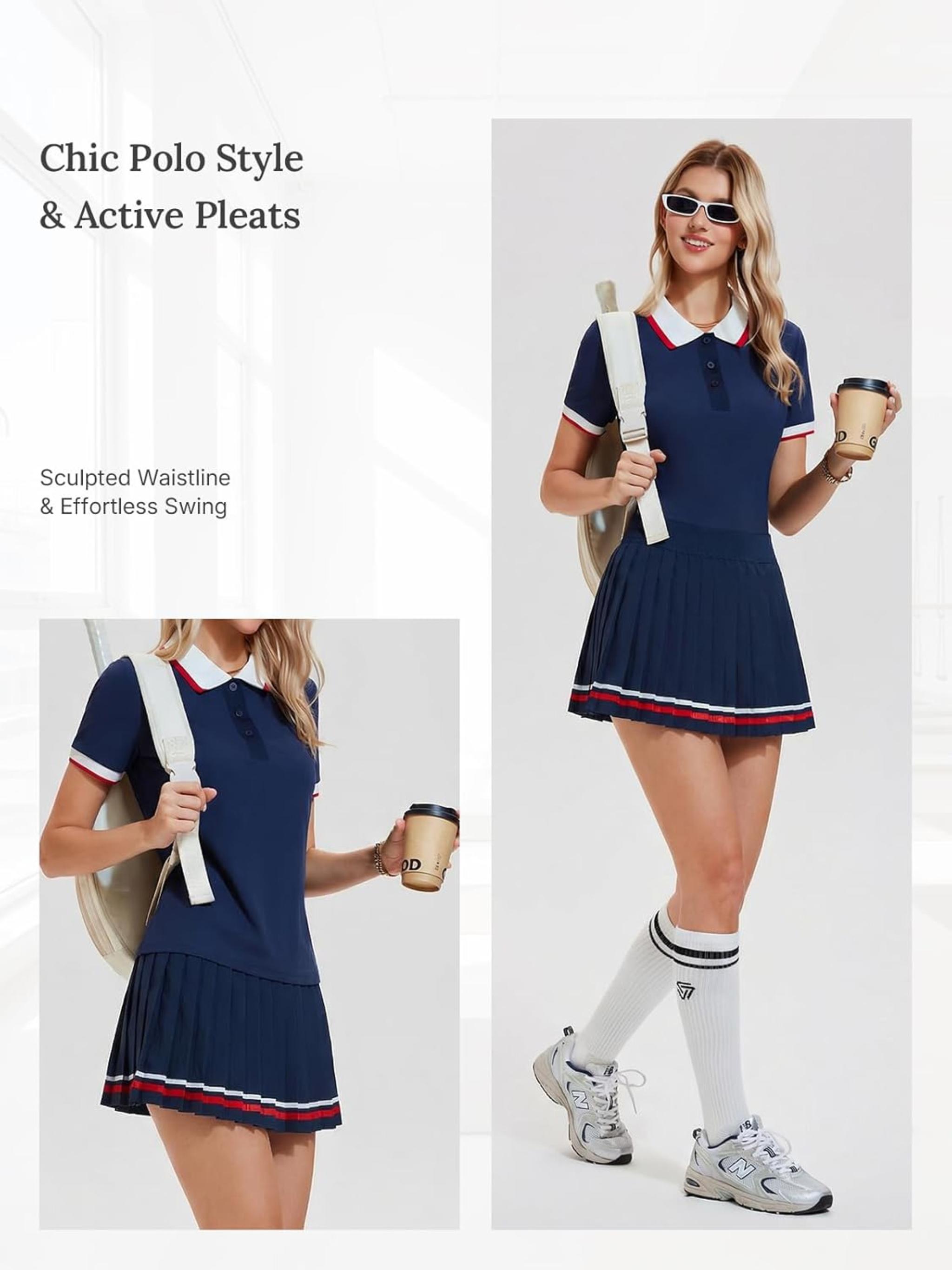 Women's 2 Piece Tennis Skirt Set - Pleated Polo Skort with Pockets