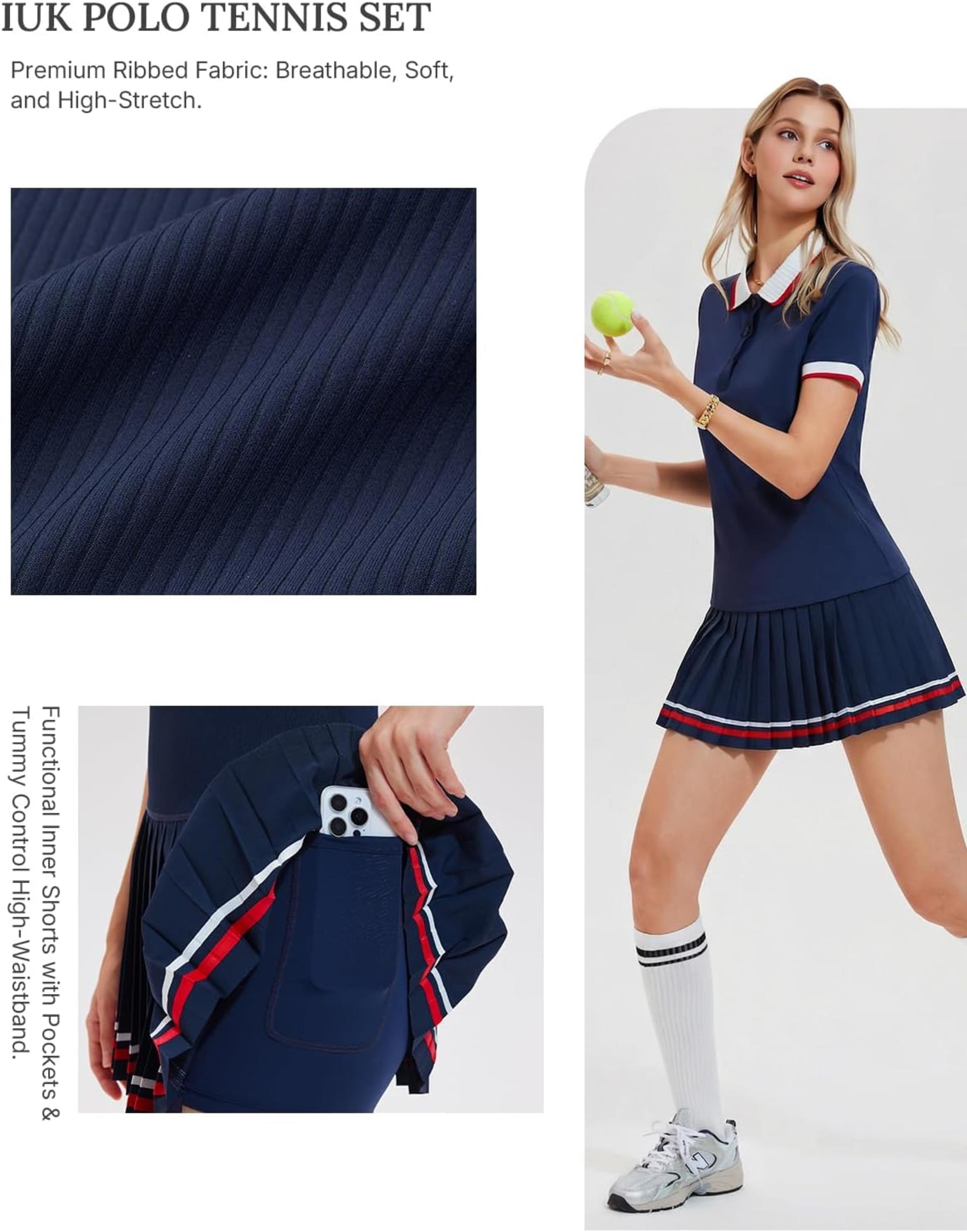 Women's 2 Piece Tennis Skirt Set - Pleated Polo Skort with Pockets