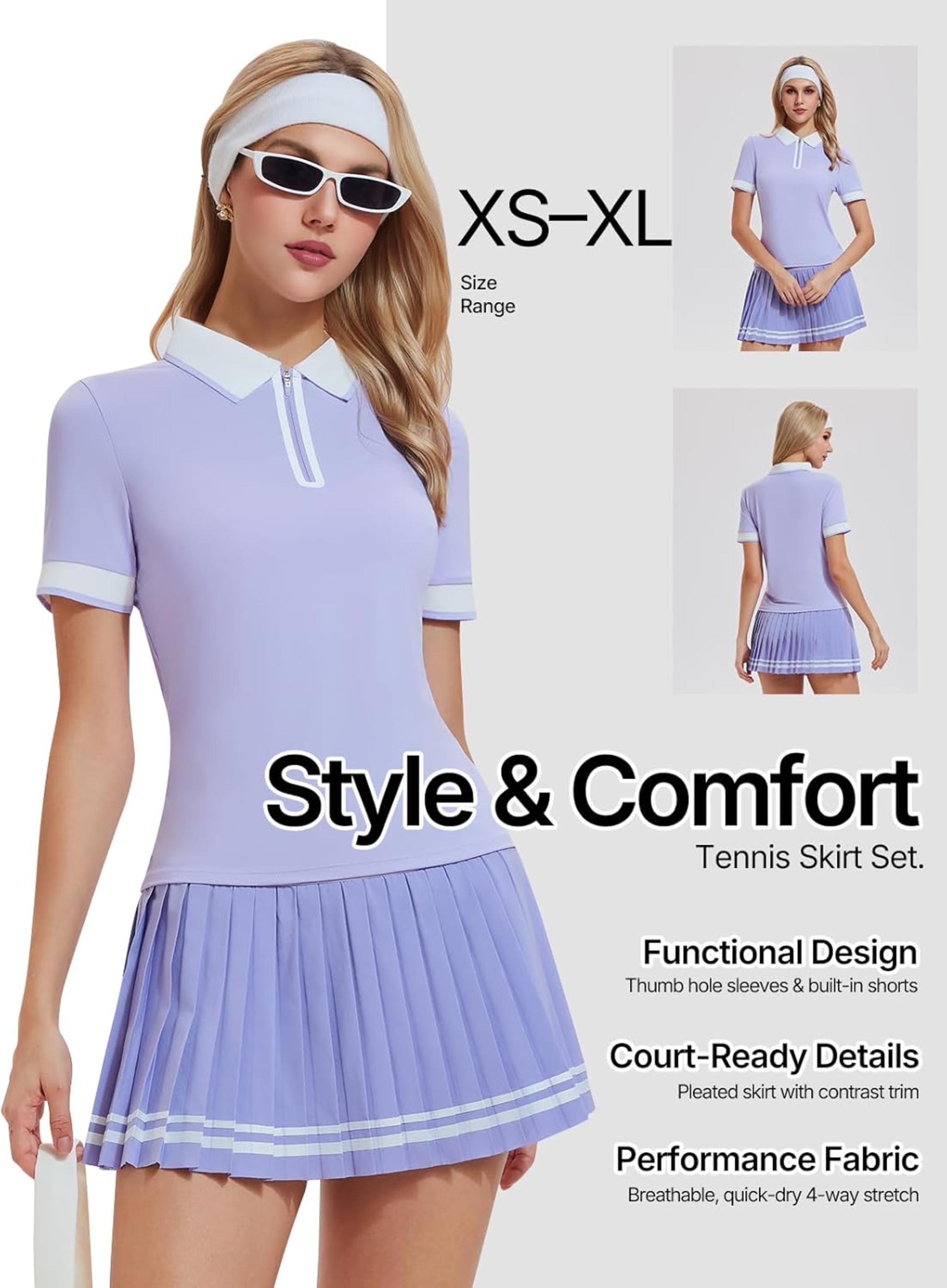 Women's 2-Piece Athletic Tennis Skirt Set with Polo V-Neck Top