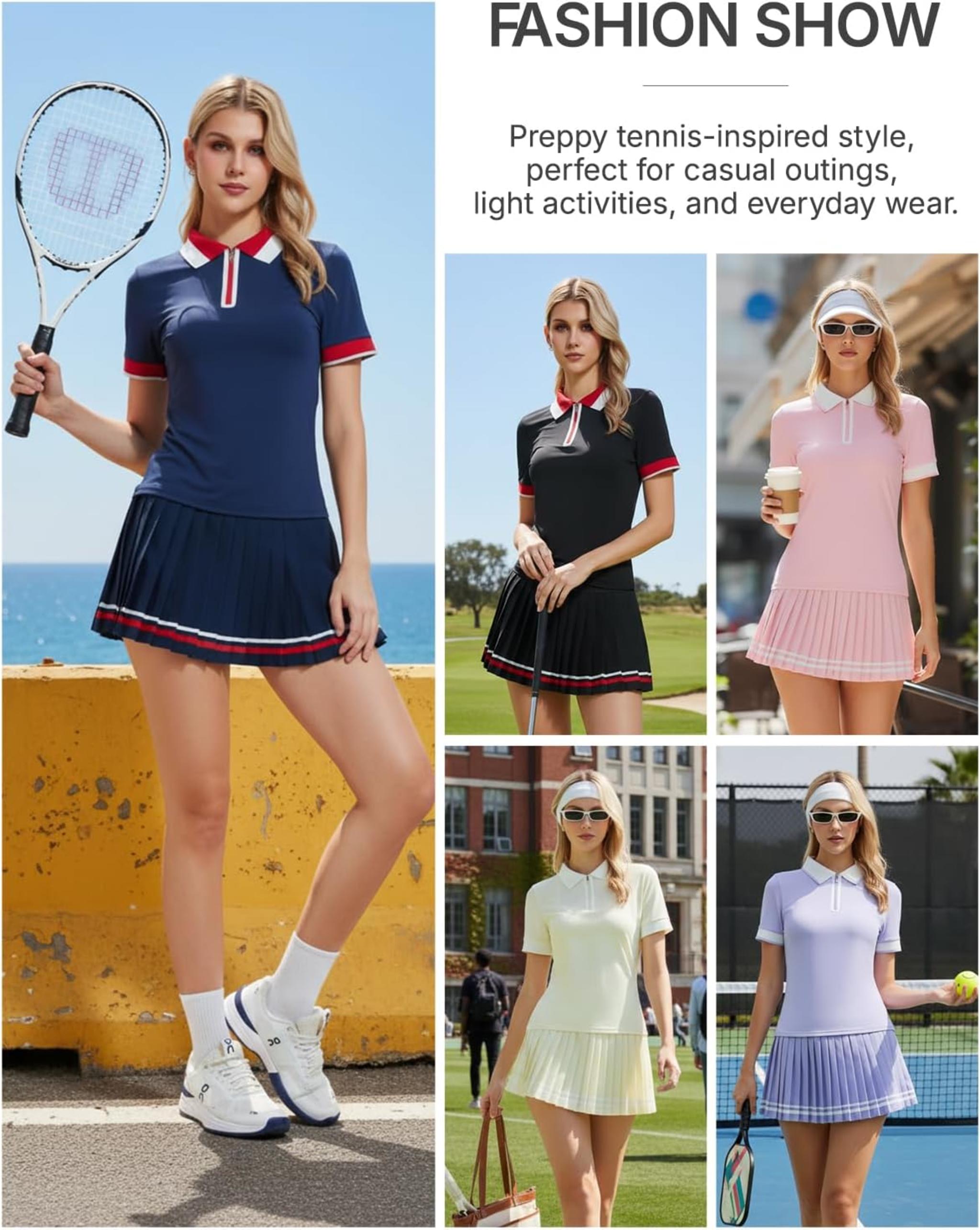 Women's 2-Piece Tennis Skirt Set with Polo V-Neck Top & High-Waisted Pleated Skirt