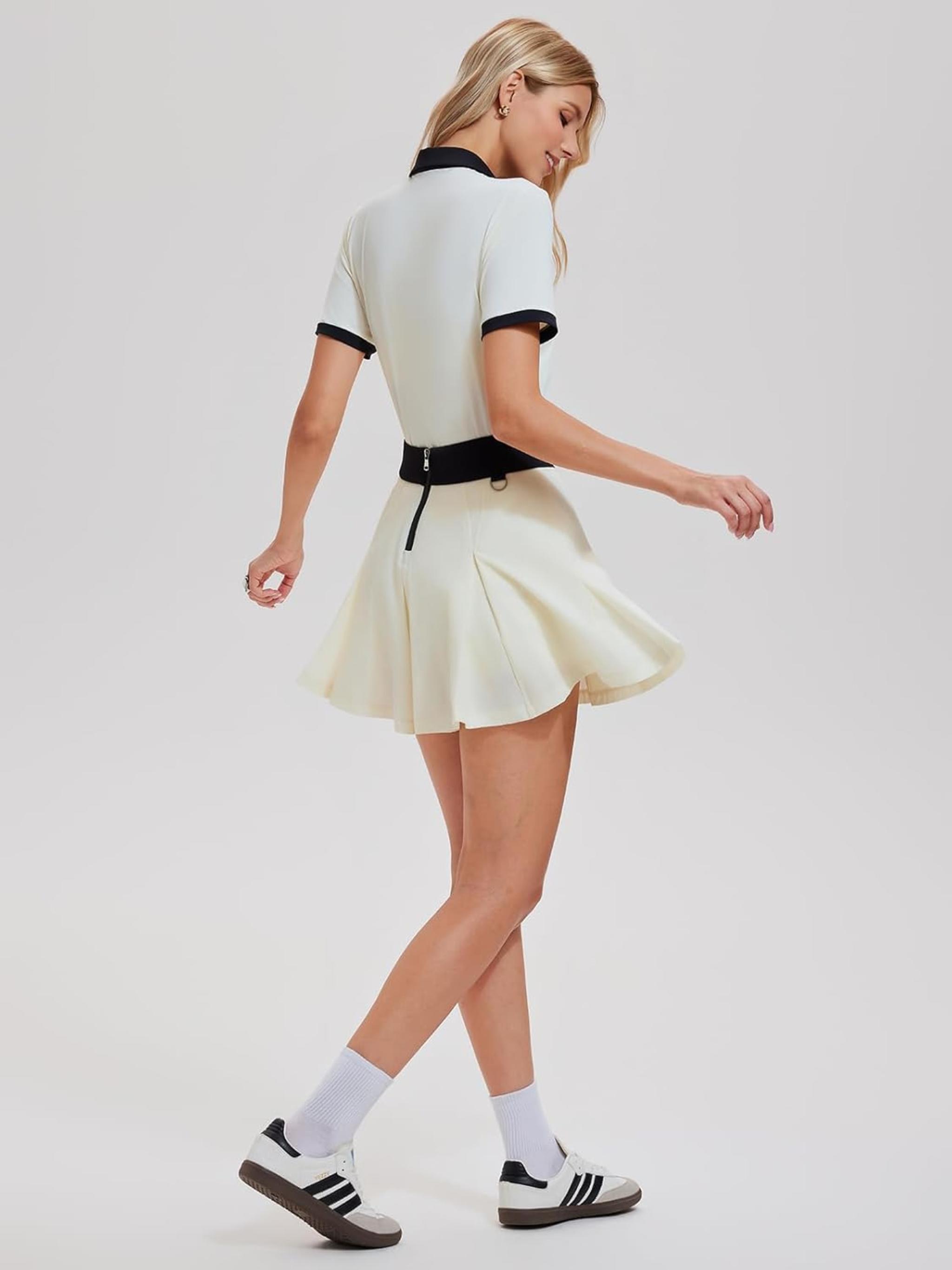 Women's 2 Piece Tennis Skirt Set with Colorblock Side Slit T-Shirt and Pleated Skort
