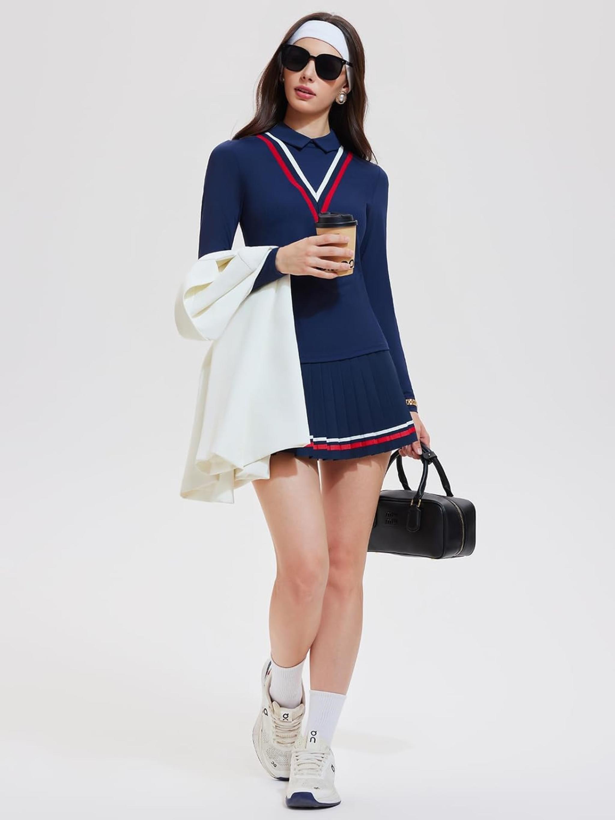 Women's 2 Piece Tennis Skirt Set - Long Sleeve Preppy Polo Top & Pleated Skorts