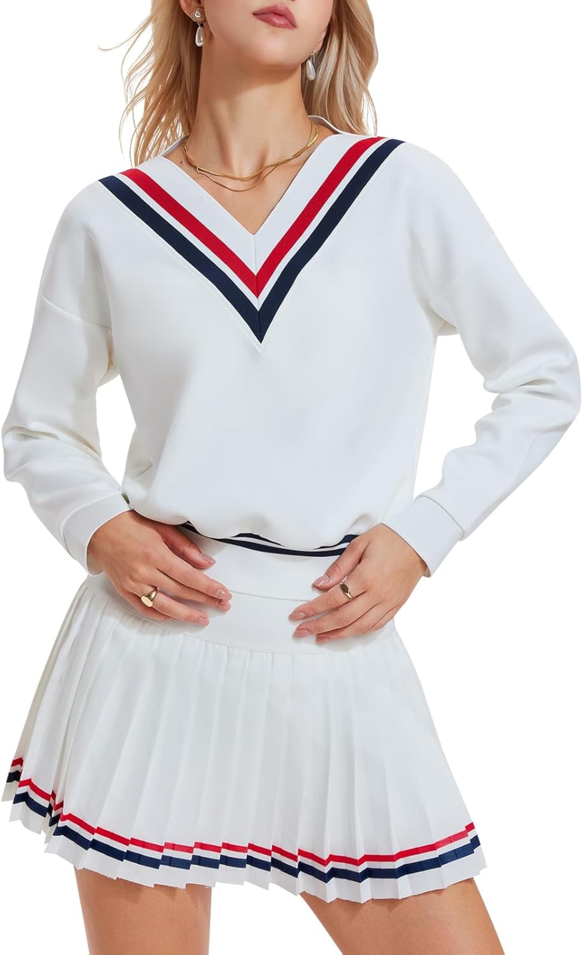Women's 2 Piece Tennis Skirt Set - V-Neck Long Sleeve Sweatshirt & High Waisted Pleated Skirt