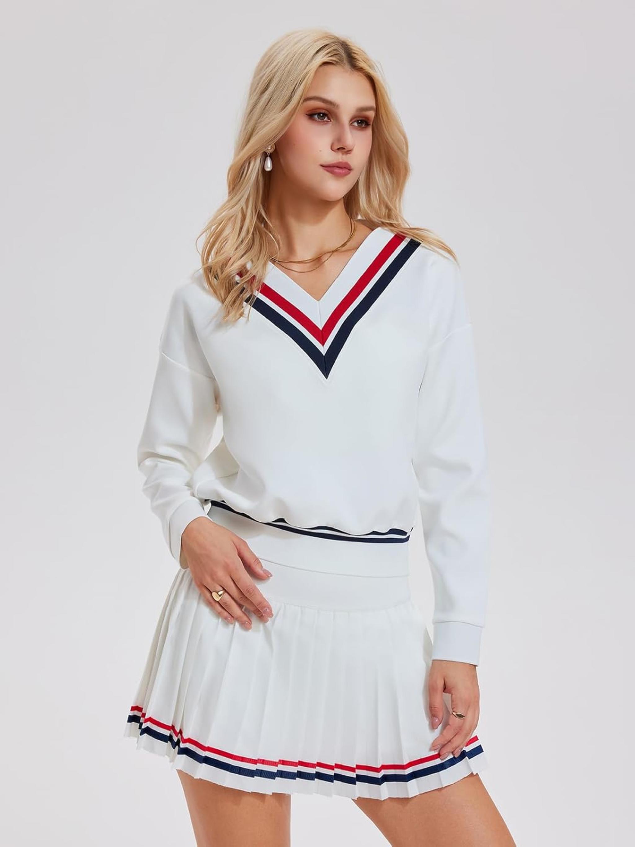 Women's 2 Piece Tennis Skirt Set with V-Neck Sweatshirt and Pleated Skirt