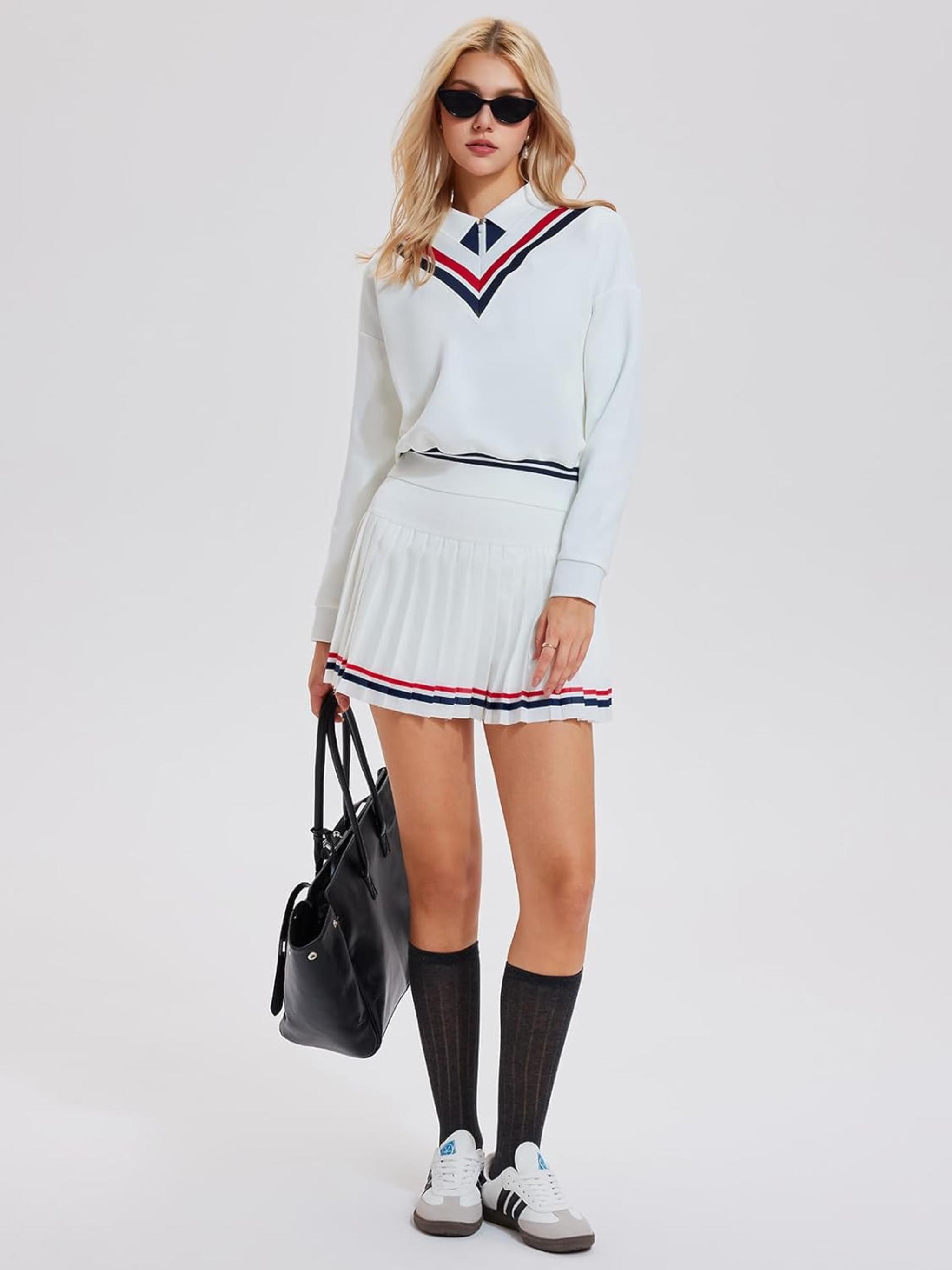 Women's 2 Piece Tennis Skirt Set with V-Neck Sweatshirt and Pleated Skirt