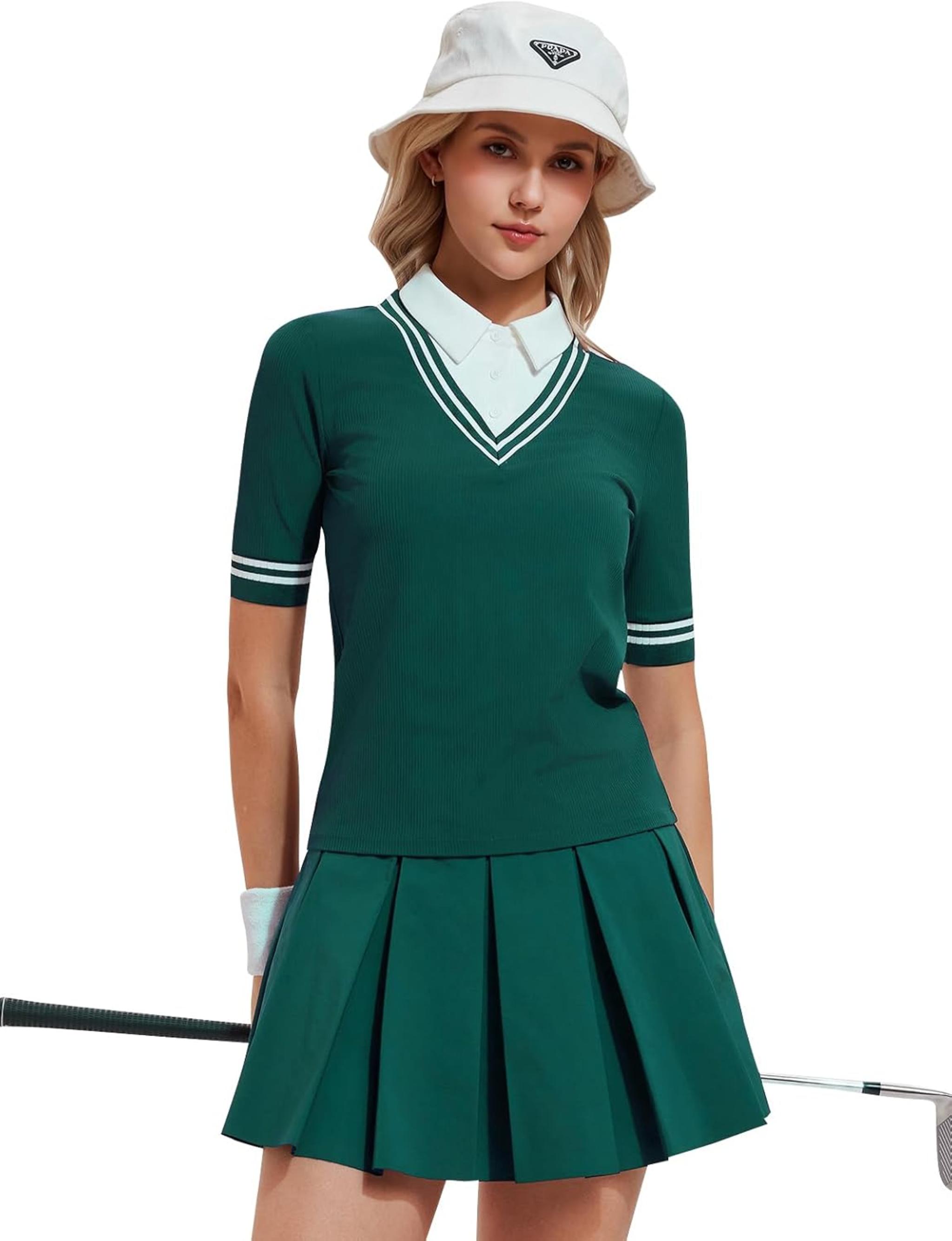 Women's 2 Piece Golf Outfit Set - V-Neck Polo Shirt & High Waisted Pleated Tennis Skort with Pockets