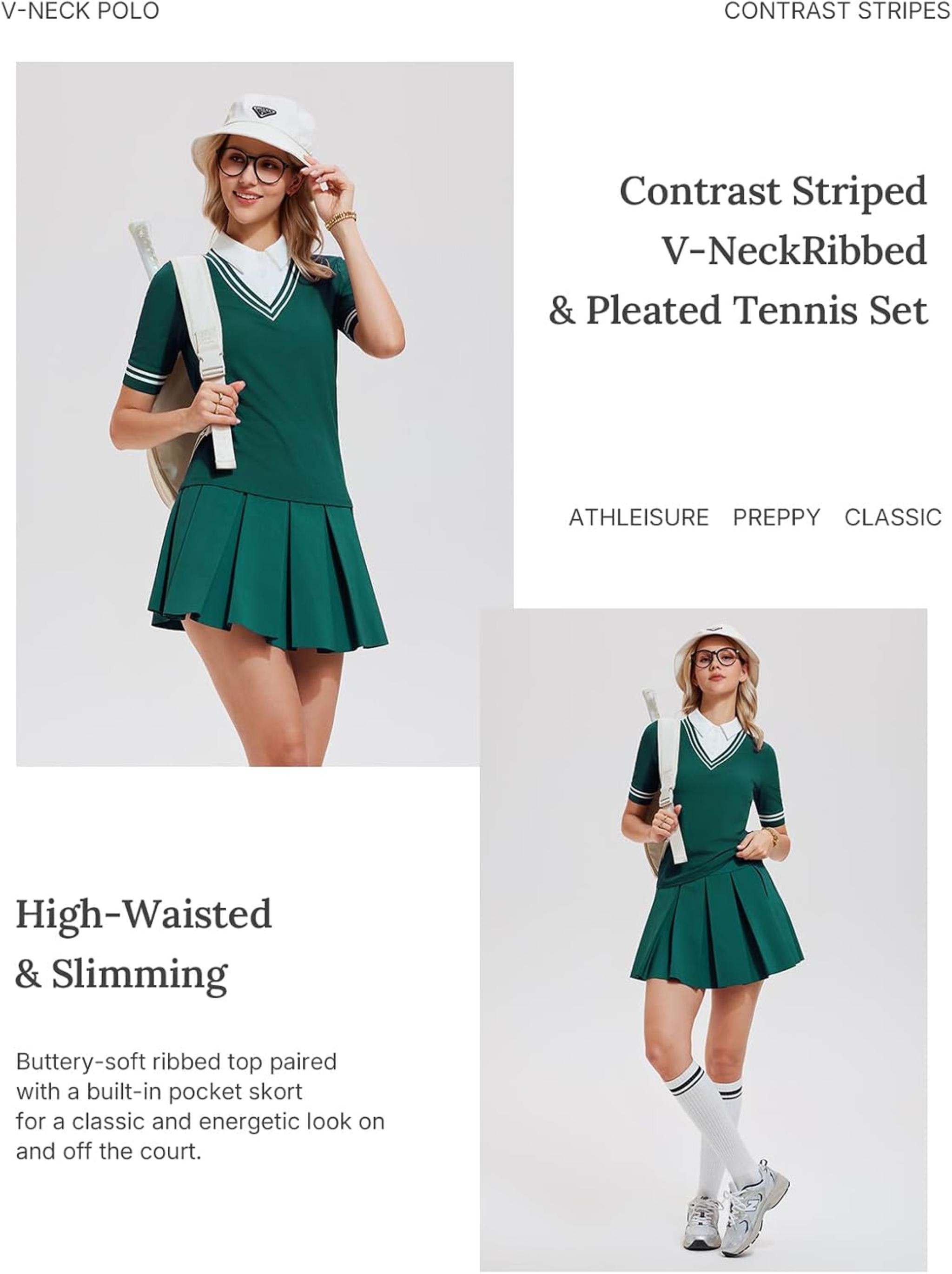 Women's 2 Piece Golf Outfit Set: V-Neck Polo Shirt & Pleated Tennis Skort