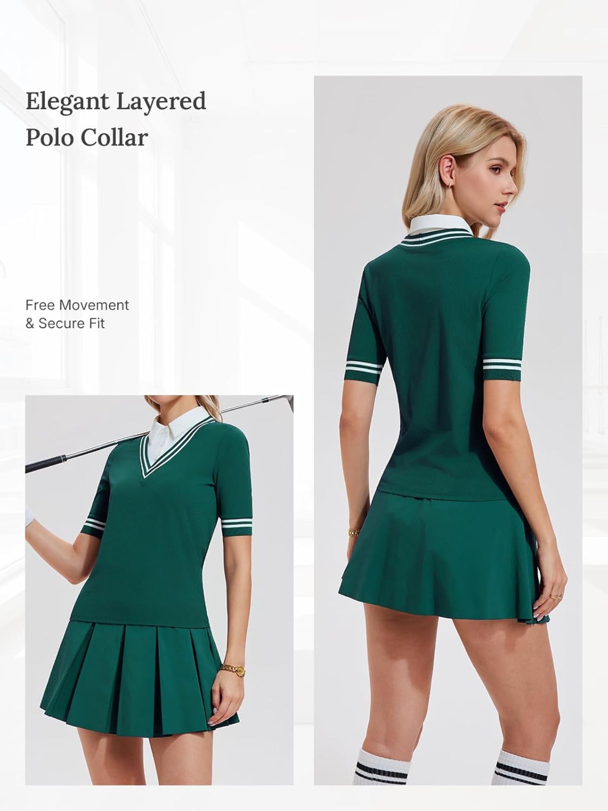 Women's 2 Piece Golf Outfit Set: V-Neck Polo Shirt & Pleated Tennis Skort