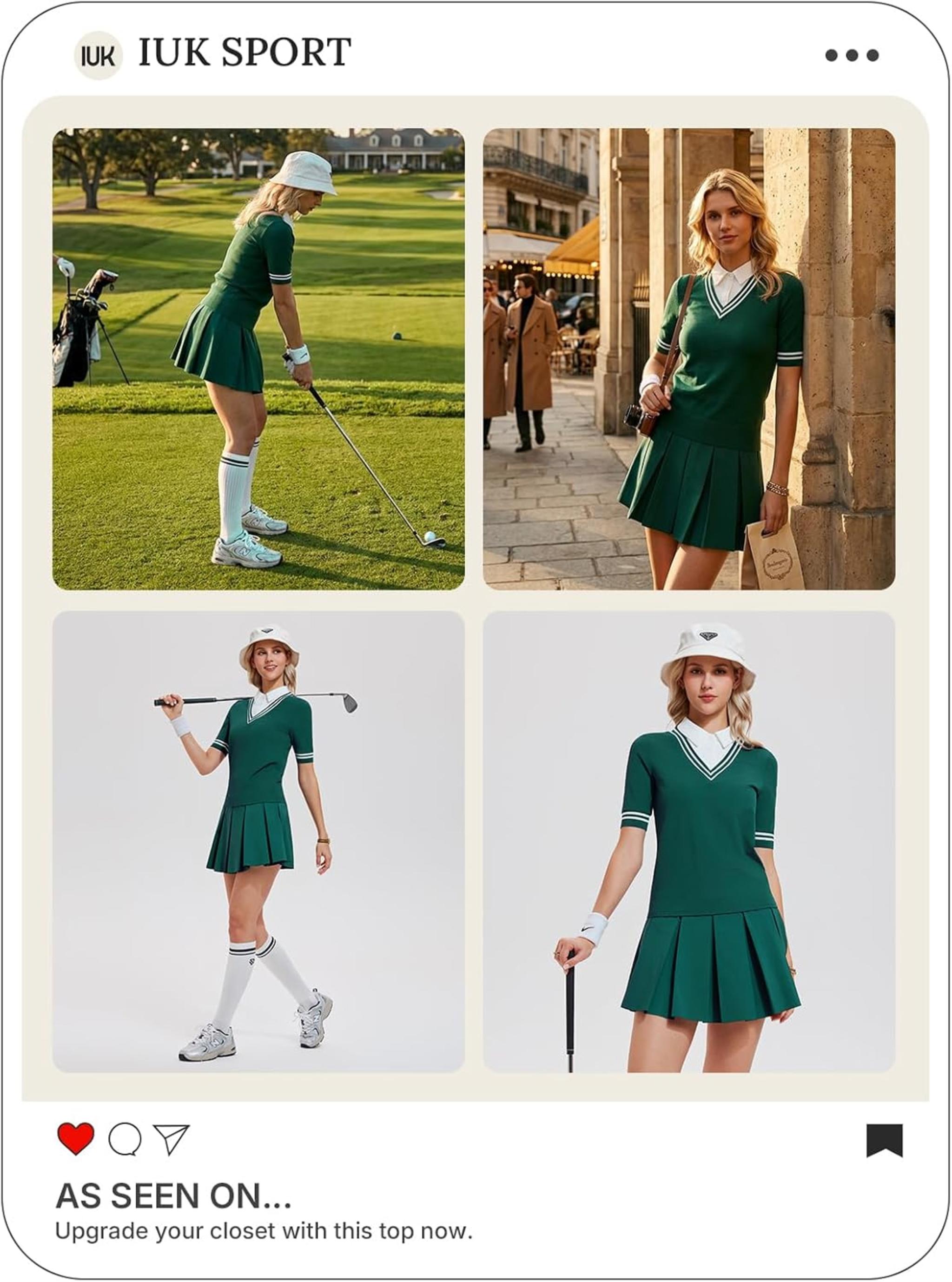 Women's 2 Piece Golf Outfit Set: V-Neck Polo Shirt & Pleated Tennis Skort