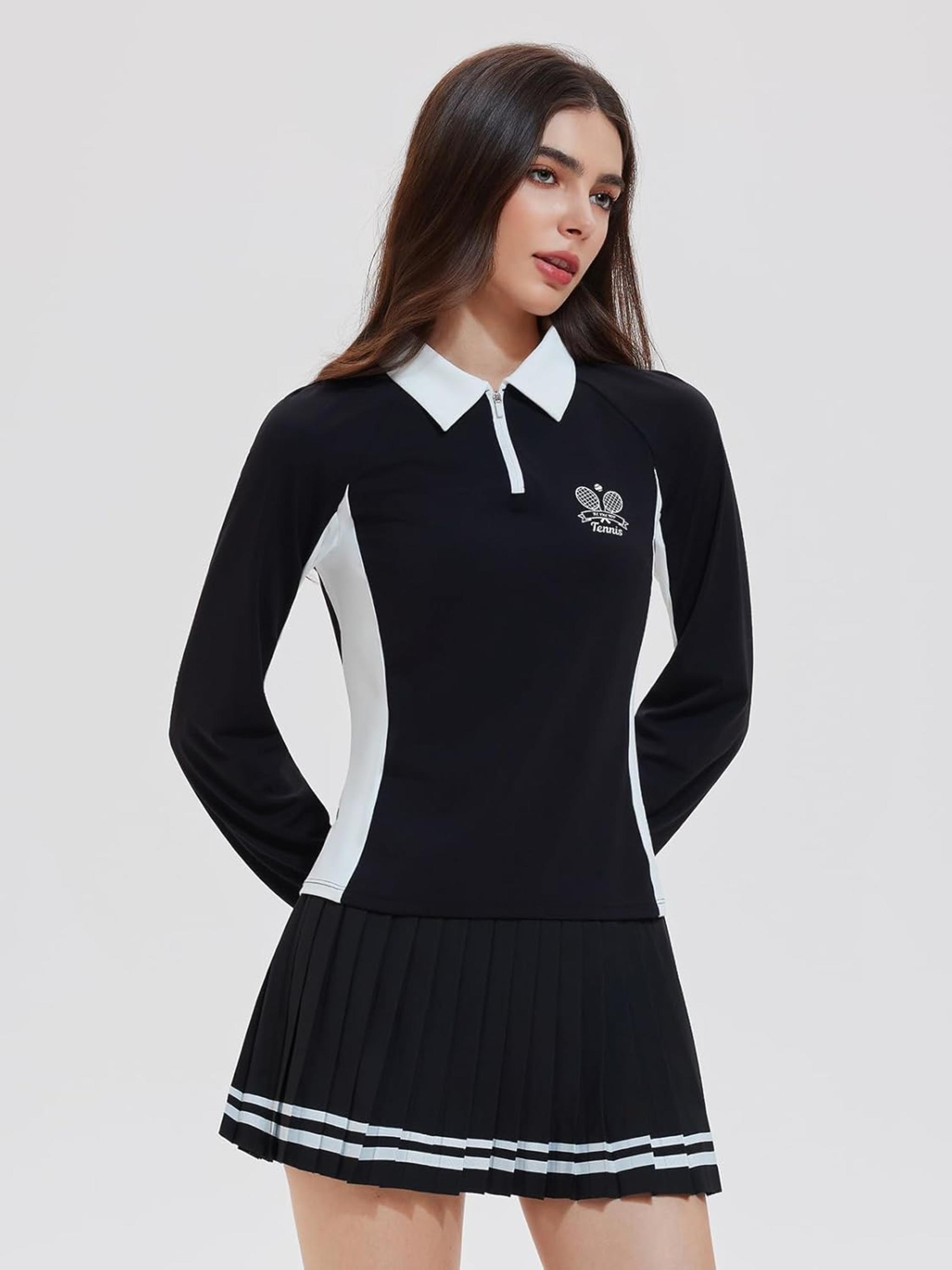 Women's 2 Piece Tennis Skirt Set - Half Zip Long Sleeve Sweater & Pleated Skort