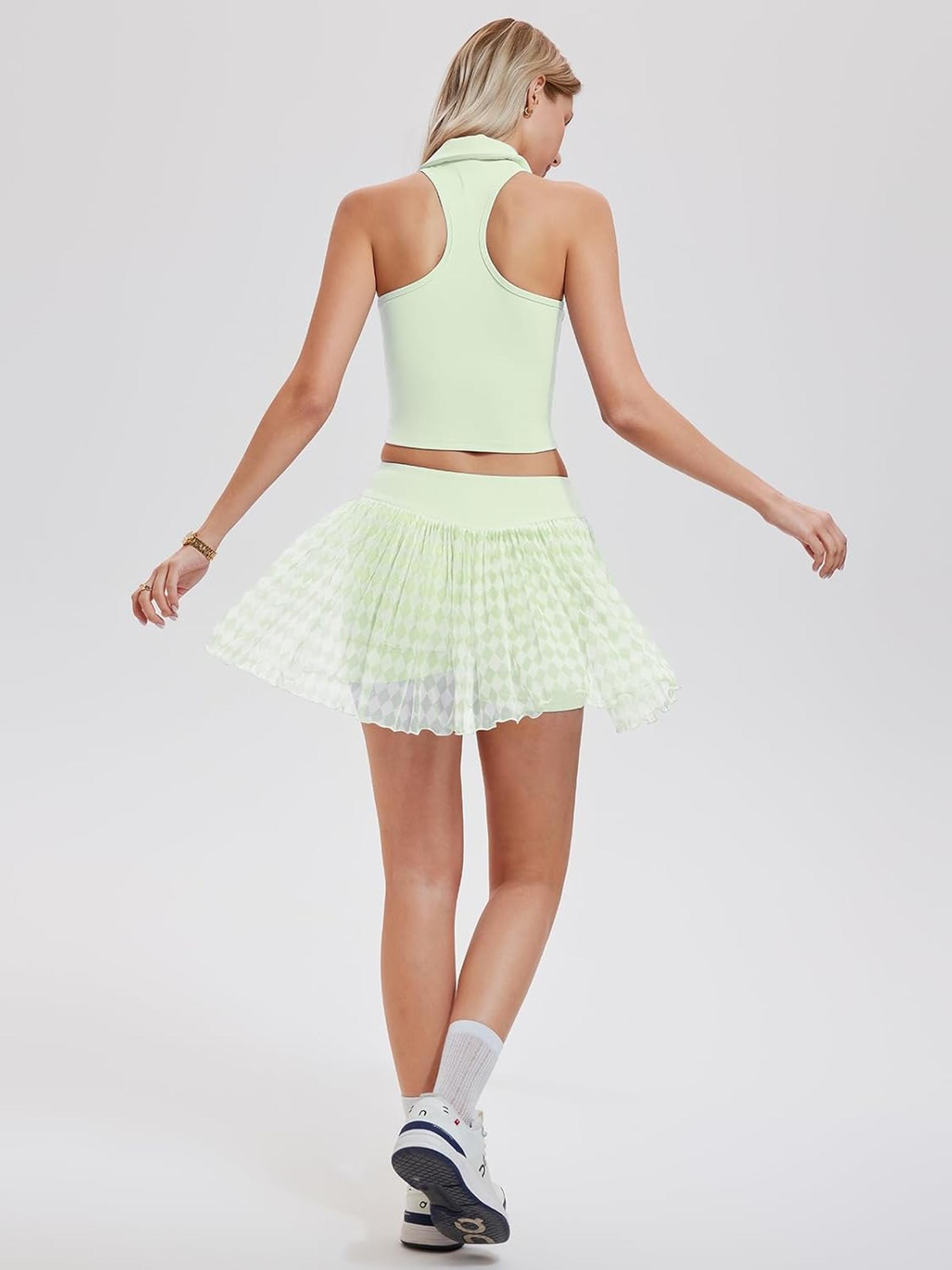 Women's 2 Piece Flowy Mesh Tennis Skirt Set with Full Zip Up Crop Top