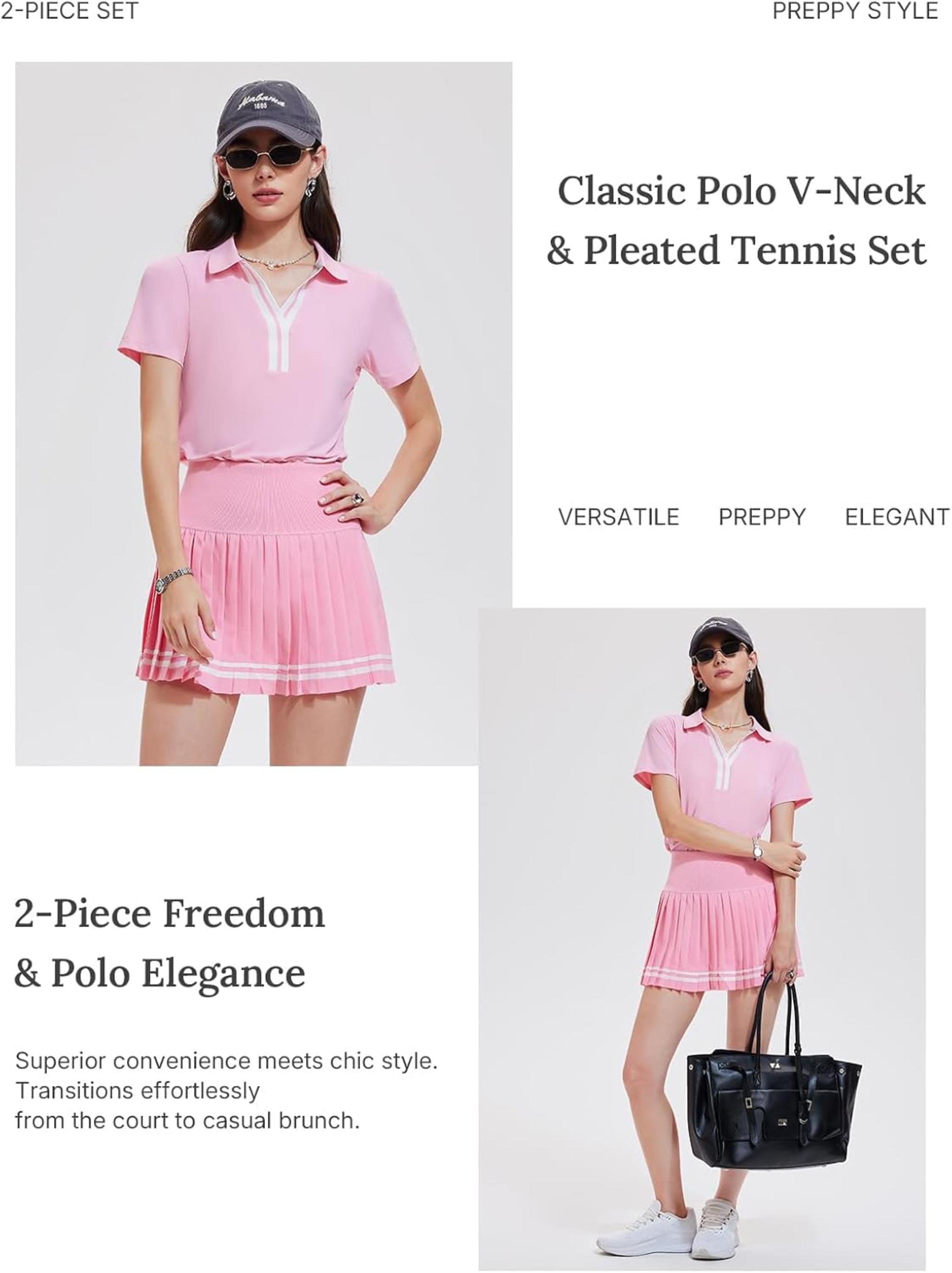 Women's 2 Piece Pleated Tennis Skirt and Polo V-Neck Athletic Set