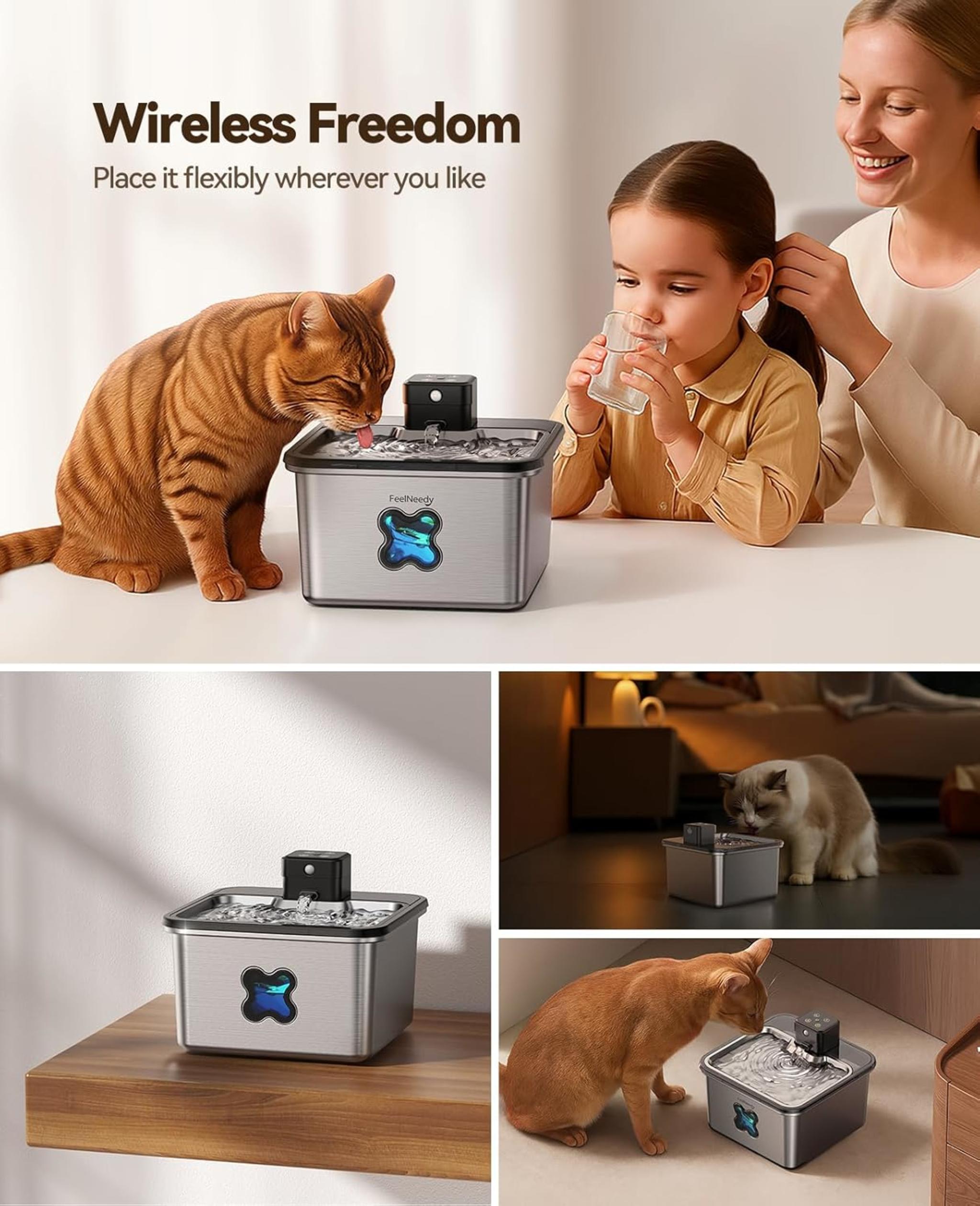 Cordless Stainless Steel Pet Water Fountain with Visual Filter & 4000mAh Battery