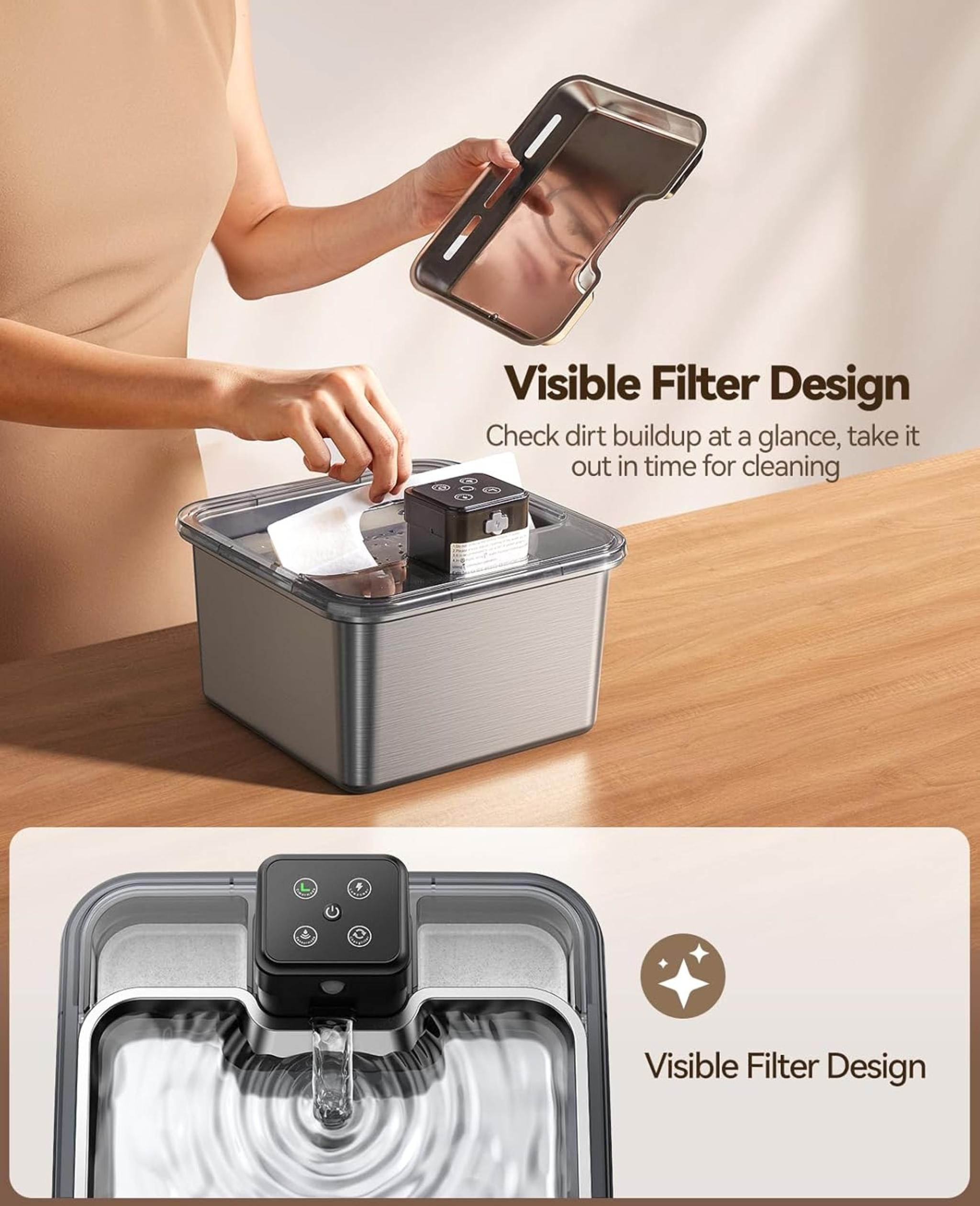 Cordless Stainless Steel Pet Water Fountain with Visual Filter & 4000mAh Battery