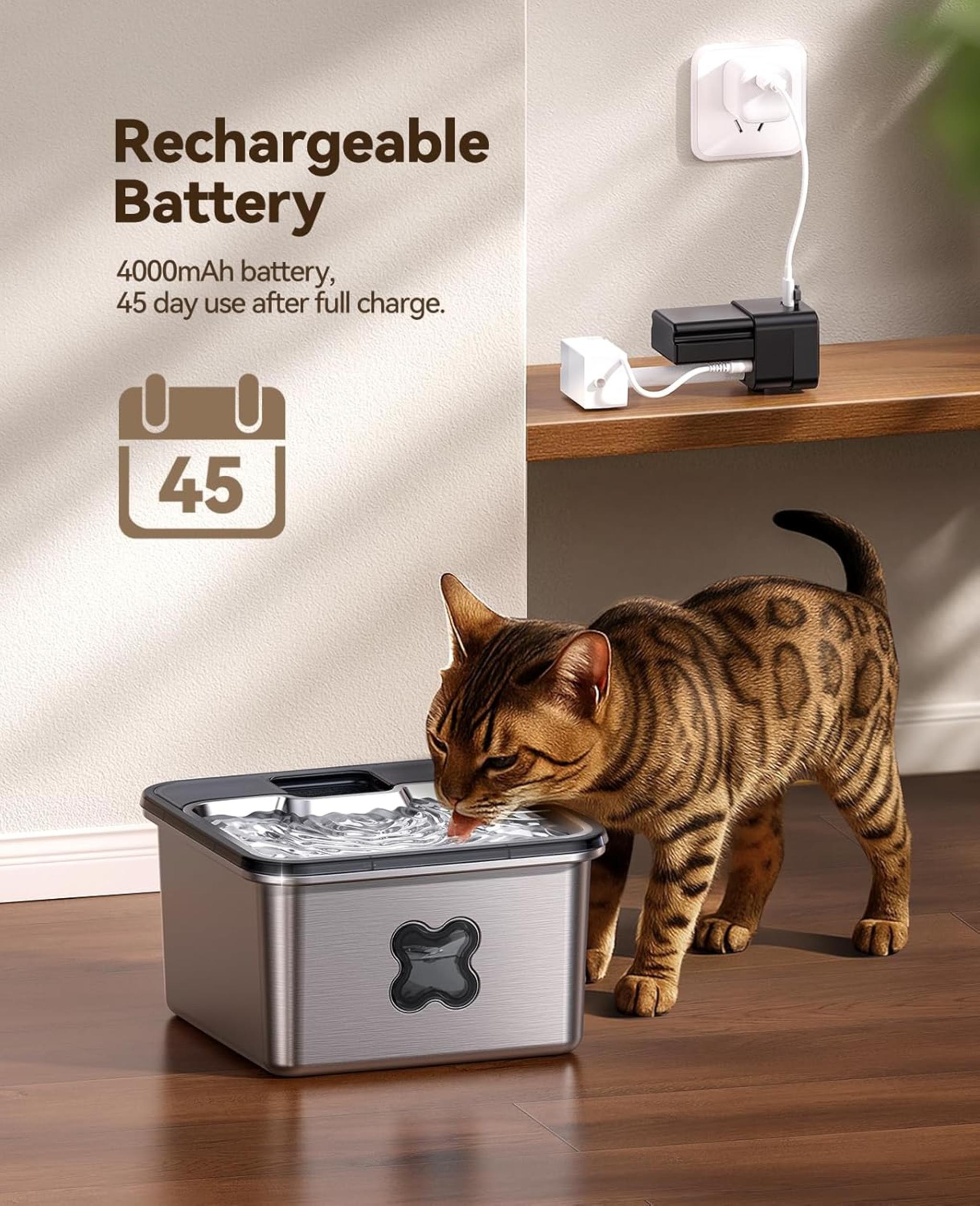 Cordless Stainless Steel Pet Water Fountain with Visual Filter & 4000mAh Battery