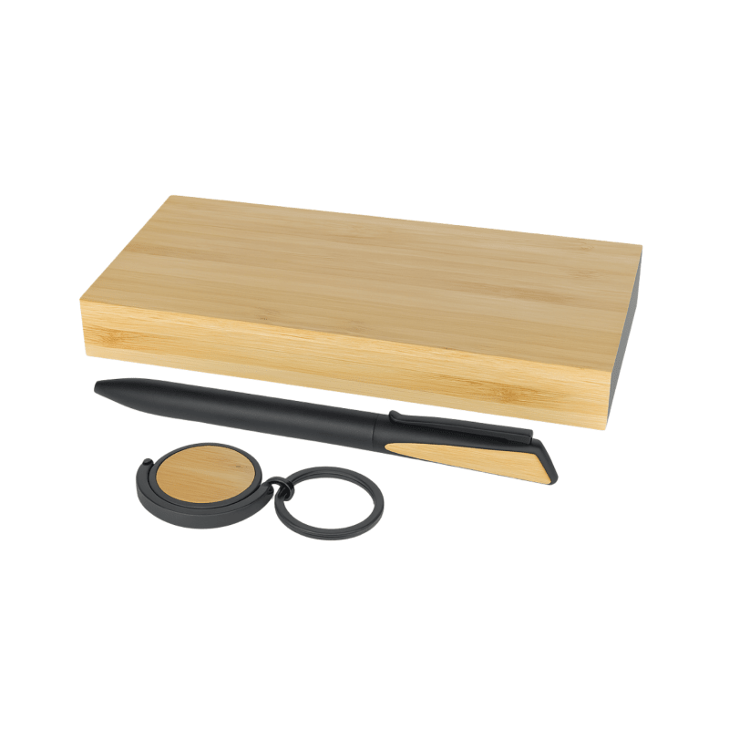 Bamboo Nest Gift Set | Metal Ballpen & Keychain with Natural Bamboo Accents, Eco-Friendly Gift Box Packaging | Sustainable Corporate Gifting Set view 3