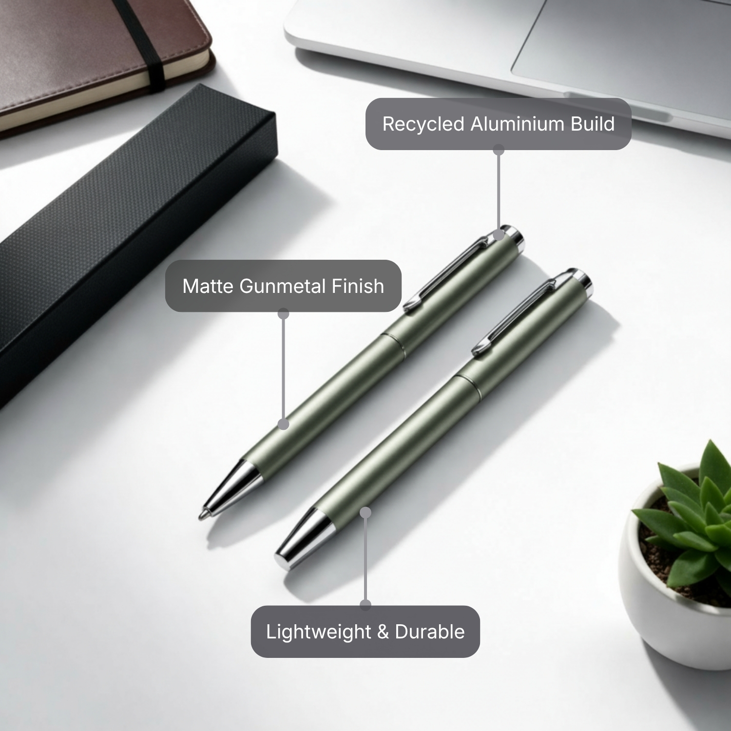 The Alu Mark Duo Set | Premium Recycled Aluminum Pen Set with Stylus, Matte Gunmetal Finish, Smooth Writing Ballpoint | Eco-Friendly Executive Pen for Office & Gifting view 2