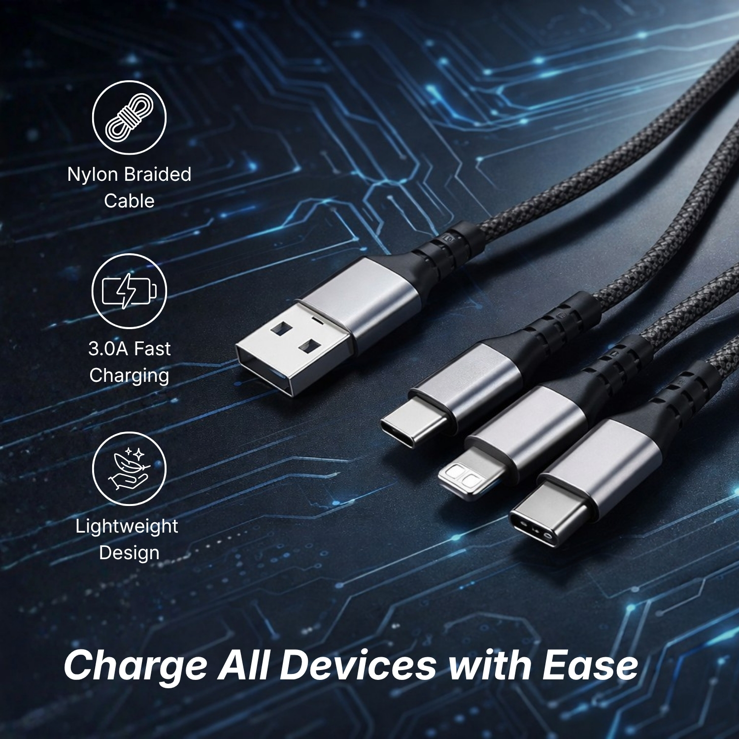 3-in-1 Fast Charging Cable | 120cm Nylon Braided Cable with Micro USB, Lightning & Type-C, 3A Output, Durable Multi-Device Charging Cable view 4