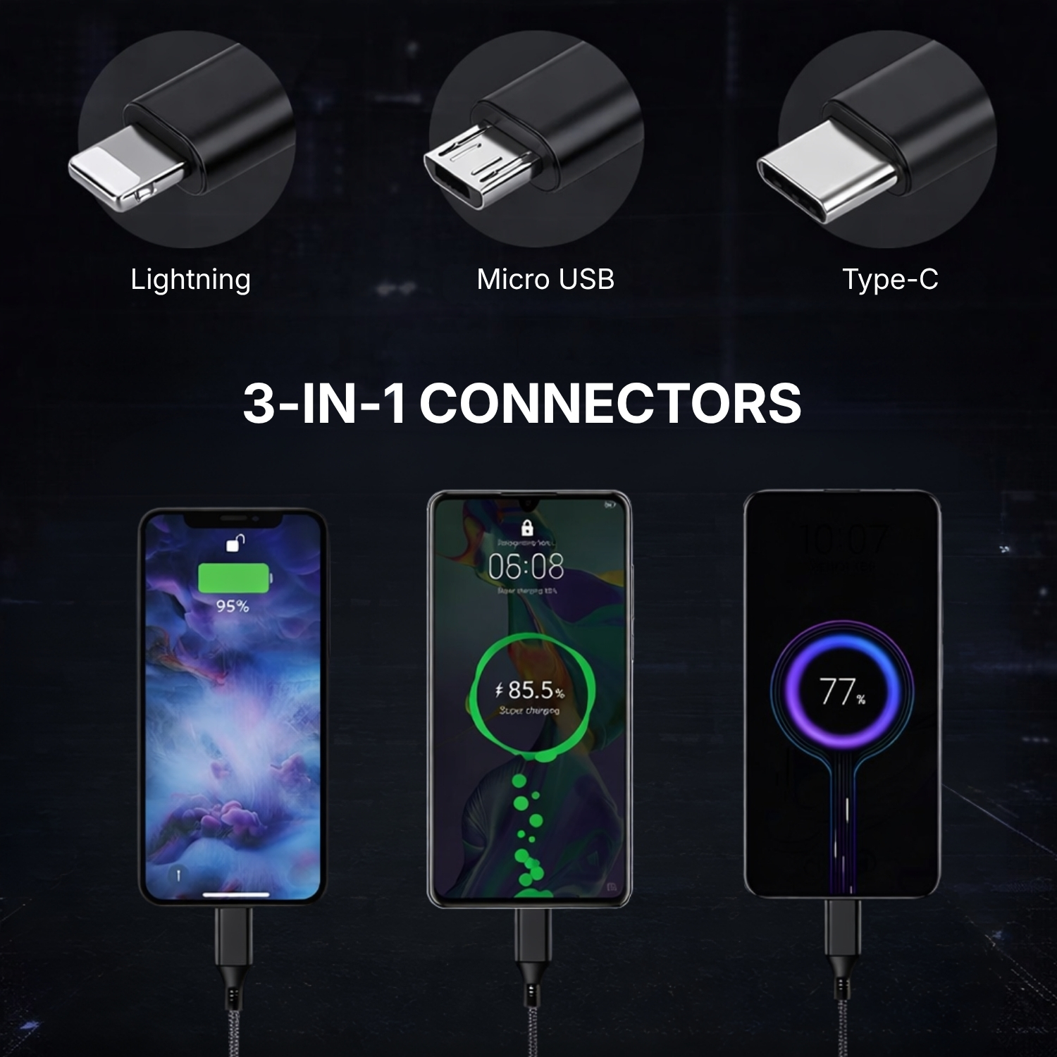 Tri Flex 3-in-1 Fast Charging Cable | 120cm Nylon Braided Cable with Metal Heads, Micro USB, Lightning & Type-C, 3A Output | Durable Multi-Device Charging Cable view 3