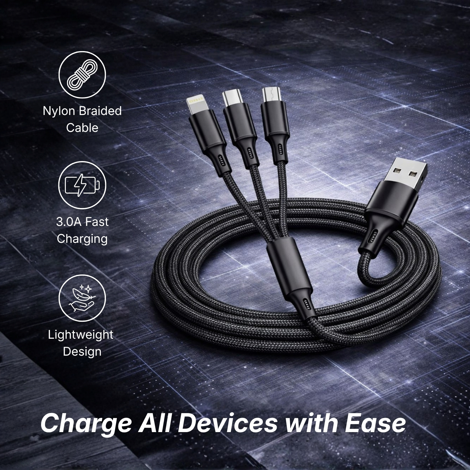 Tri Flex 3-in-1 Fast Charging Cable | 120cm Nylon Braided Cable with Metal Heads, Micro USB, Lightning & Type-C, 3A Output | Durable Multi-Device Charging Cable view 4