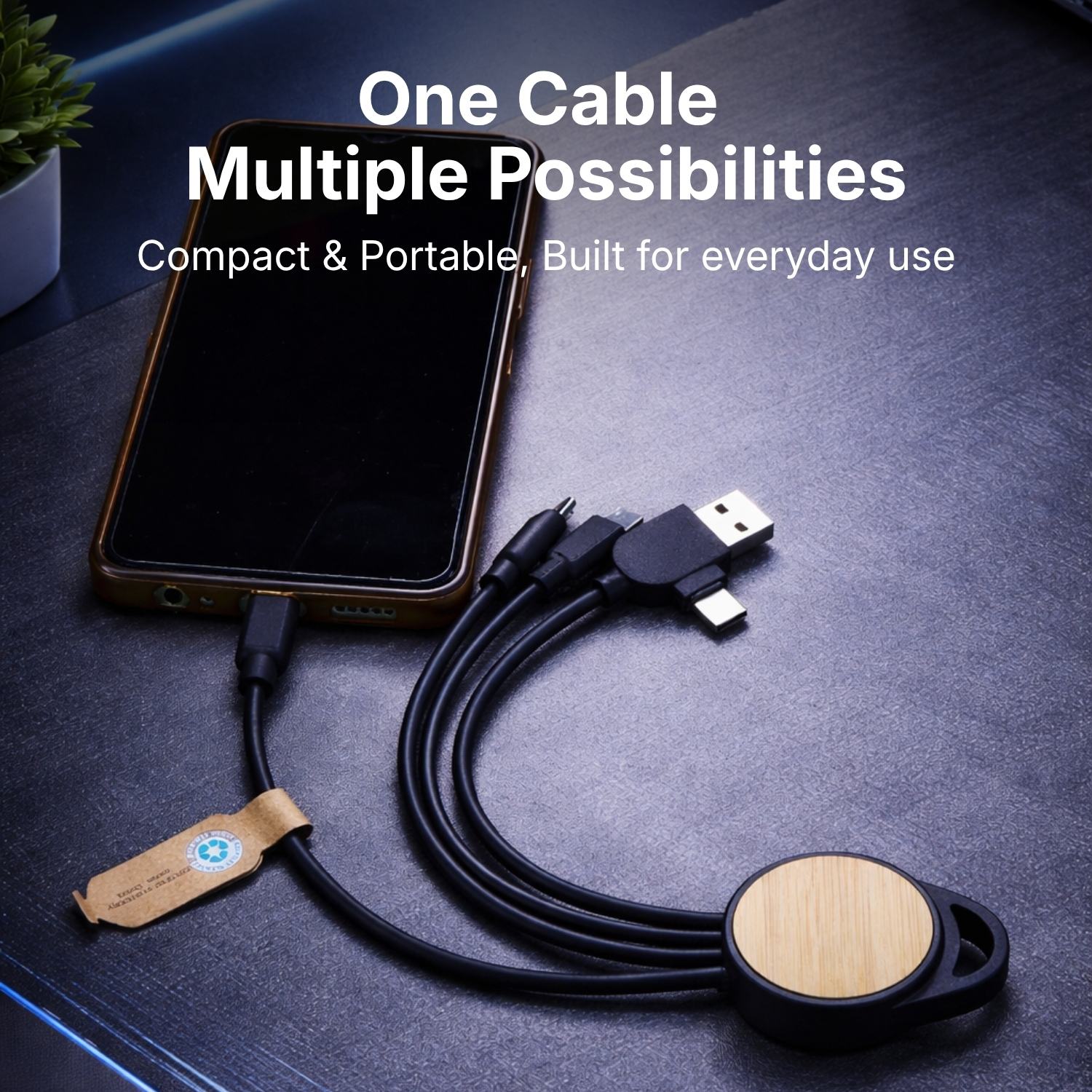 Link X 3-in-1 Charging Cable | Eco-Friendly 6-in-1 Cable with Type-C, Micro USB & Lightning, Recycled Plastic & Bamboo Build | Multi-Device Fast Charging Cable view 3