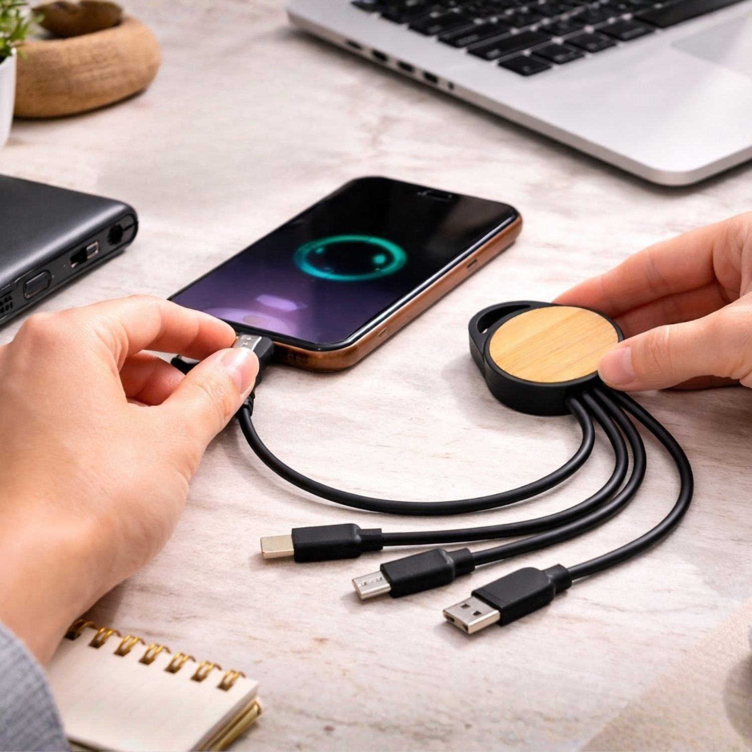Link X 3-in-1 Charging Cable | Eco-Friendly 6-in-1 Cable with Type-C, Micro USB & Lightning, Recycled Plastic & Bamboo Build | Multi-Device Fast Charging Cable view 2