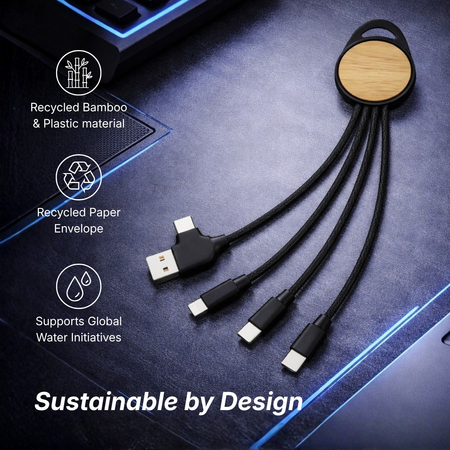 Link X 3-in-1 Charging Cable | Eco-Friendly 6-in-1 Cable with Type-C, Micro USB & Lightning, Recycled Plastic & Bamboo Build | Multi-Device Fast Charging Cable view 4