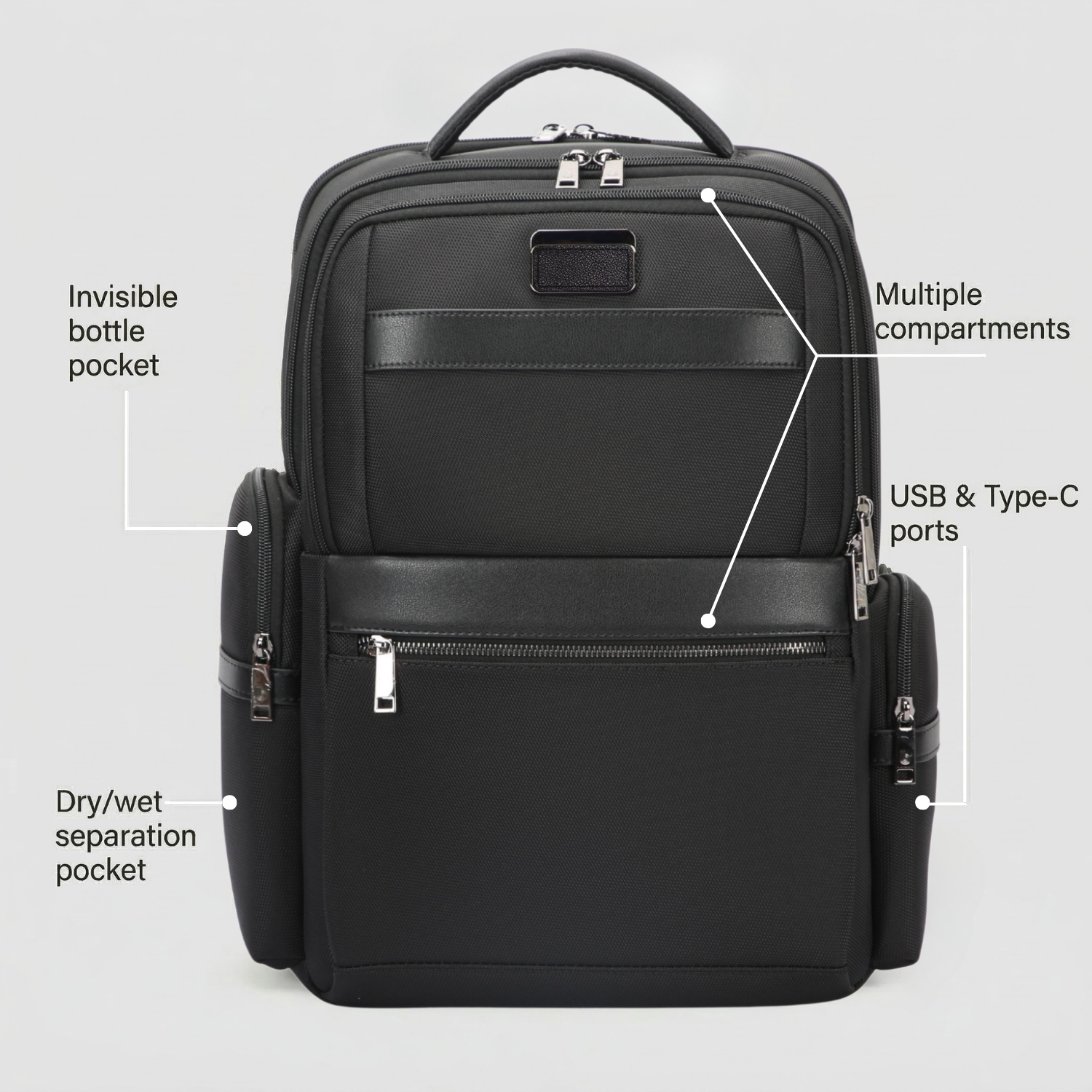 The Apex Backpack | Premium Leather Laptop Backpack for Men, Smart Storage, Charging Port, 16 Inch Laptop Fit | Office, Business & Travel Backpack, Black view 3