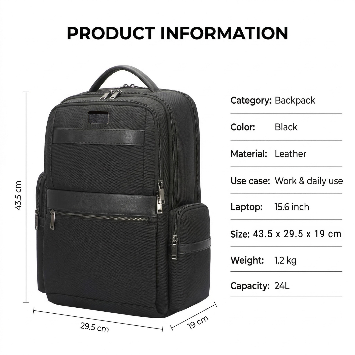 The Apex Backpack | Premium Leather Laptop Backpack for Men, Smart Storage, Charging Port, 16 Inch Laptop Fit | Office, Business & Travel Backpack, Black view 4