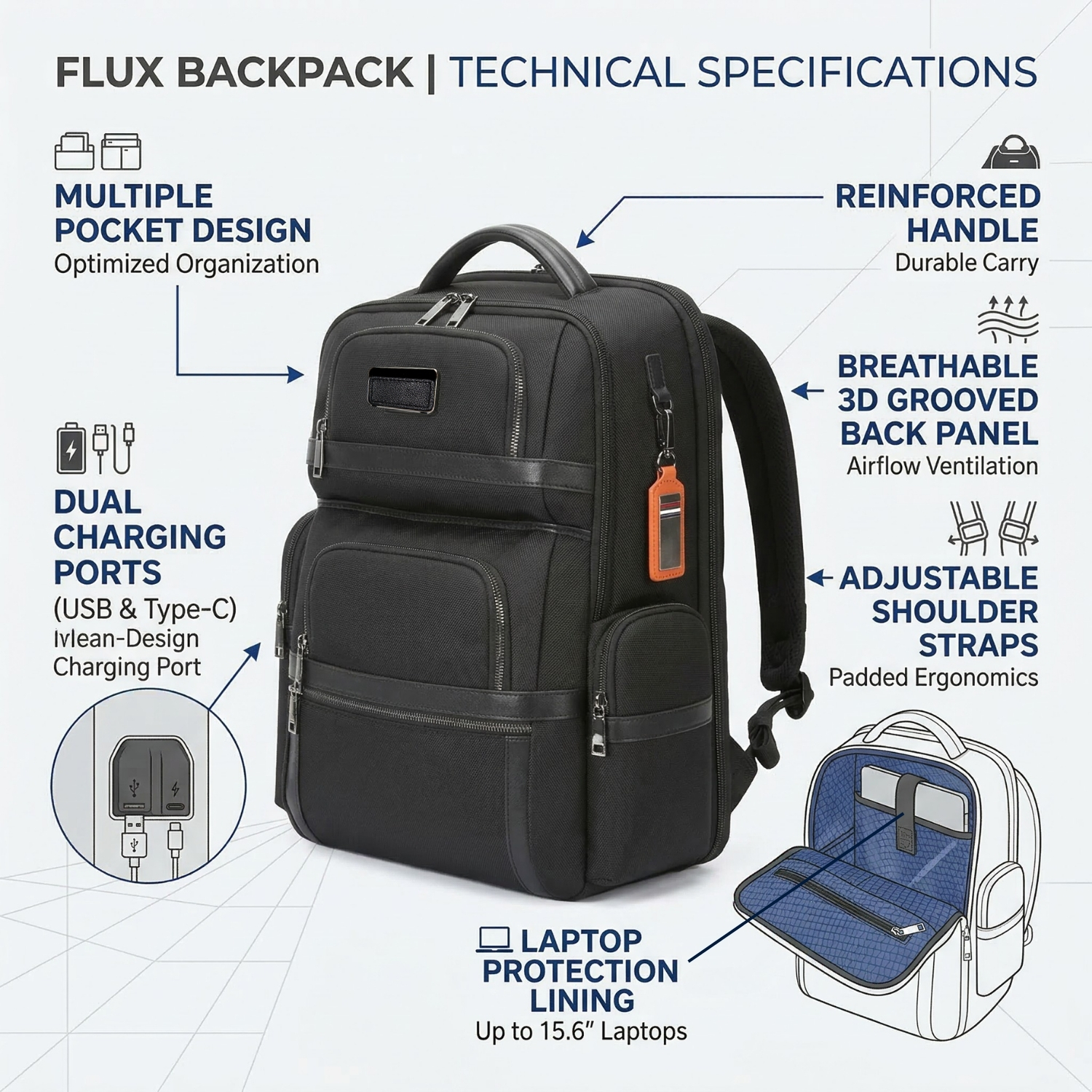 The Flux Backpack | Premium Laptop Backpack, Smart Storage, USB & Type-C Charging Port, Reinforced Handle & Ergonomic Design | Office, Business & Travel Backpack, Black view 3