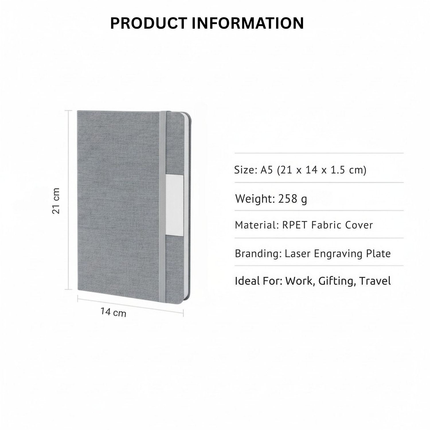 Planet Pages Hardbound | Premium Eco-Friendly A5 Notebook, RPET Fabric Cover, Metal Logo Plate, Durable Hardbound Design | Sustainable Journal for Office, Travel & Gifting, Grey view 4