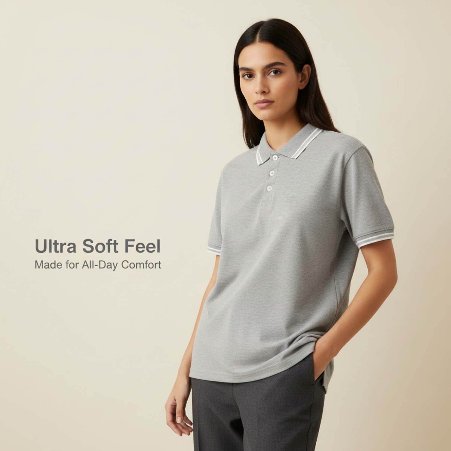 RE-Strech Grey Melange Polo Tee | Cotton RPET Elastane Blend T-Shirt with Stretch Fit, Breathable Comfort & Sustainable Fabric | Casual & Smart Wear view 4