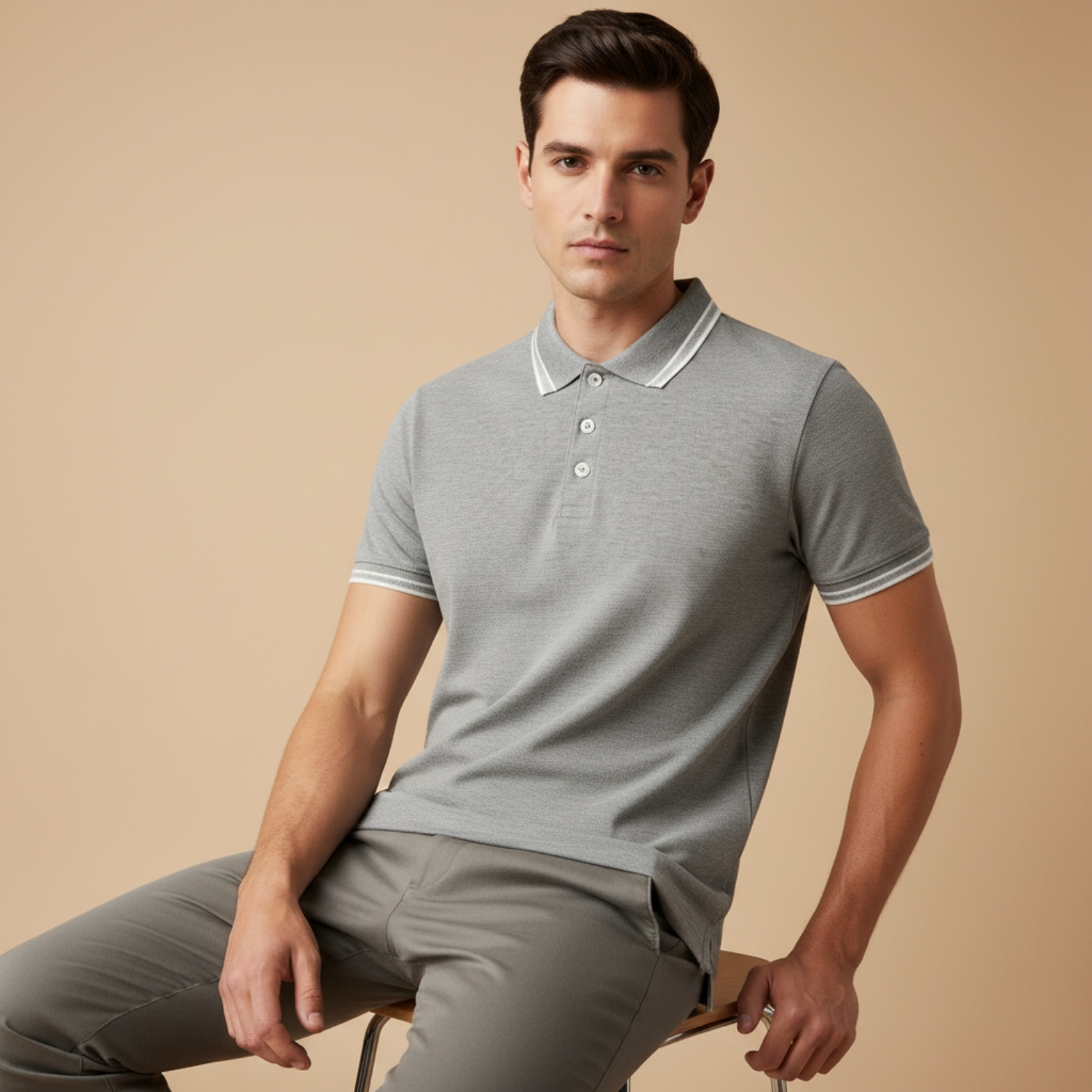 RE-Strech Grey Melange Polo Tee | Cotton RPET Elastane Blend T-Shirt with Stretch Fit, Breathable Comfort & Sustainable Fabric | Casual & Smart Wear view 2