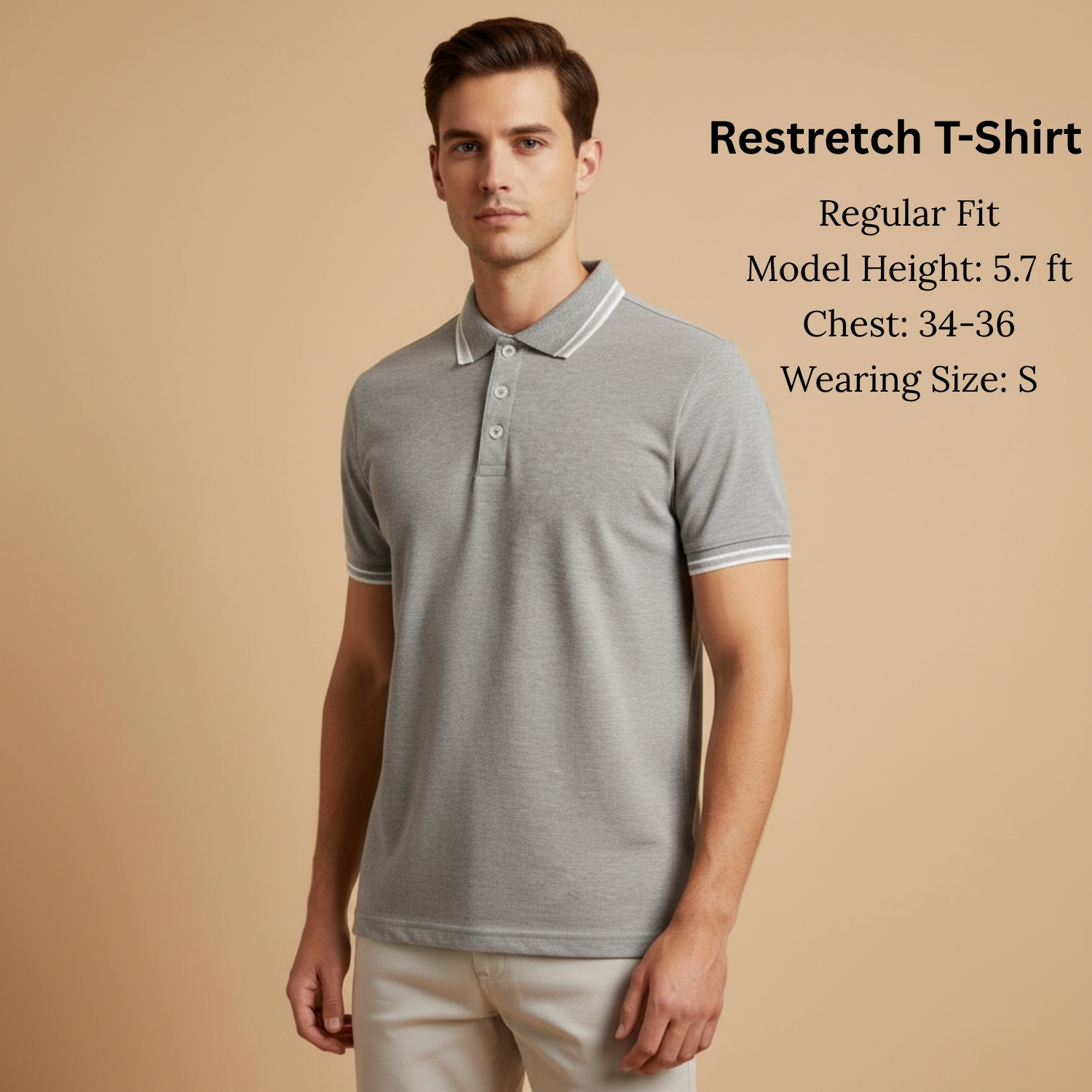 RE-Strech Grey Melange Polo Tee | Cotton RPET Elastane Blend T-Shirt with Stretch Fit, Breathable Comfort & Sustainable Fabric | Casual & Smart Wear view 3