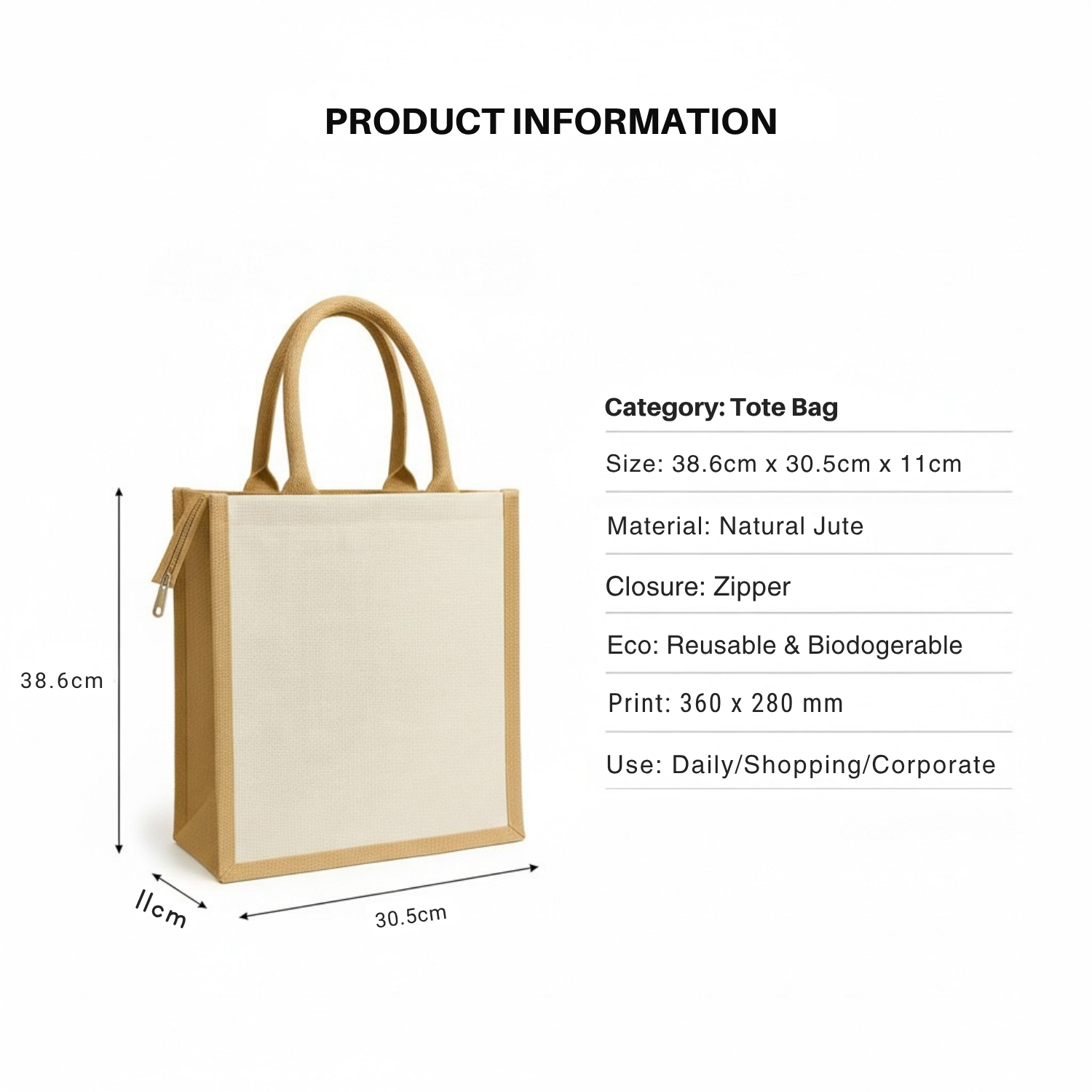 ZipJute Eco Bag | Natural Jute Tote with Zipper Closure & Padded Handles, Reusable & Biodegradable | Sustainable Everyday Carry Bag view 4