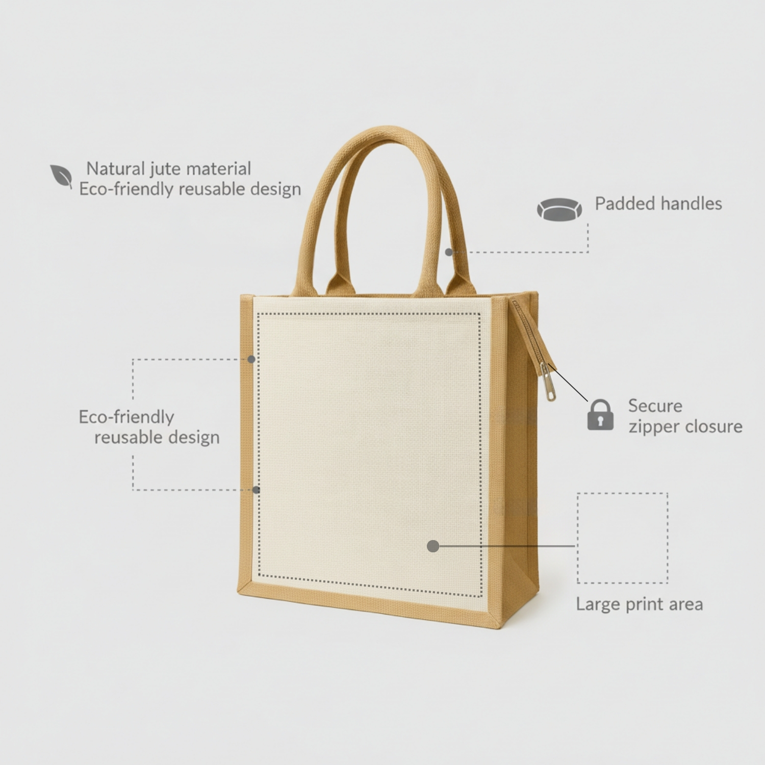 ZipJute Eco Bag | Natural Jute Tote with Zipper Closure & Padded Handles, Reusable & Biodegradable | Sustainable Everyday Carry Bag view 3