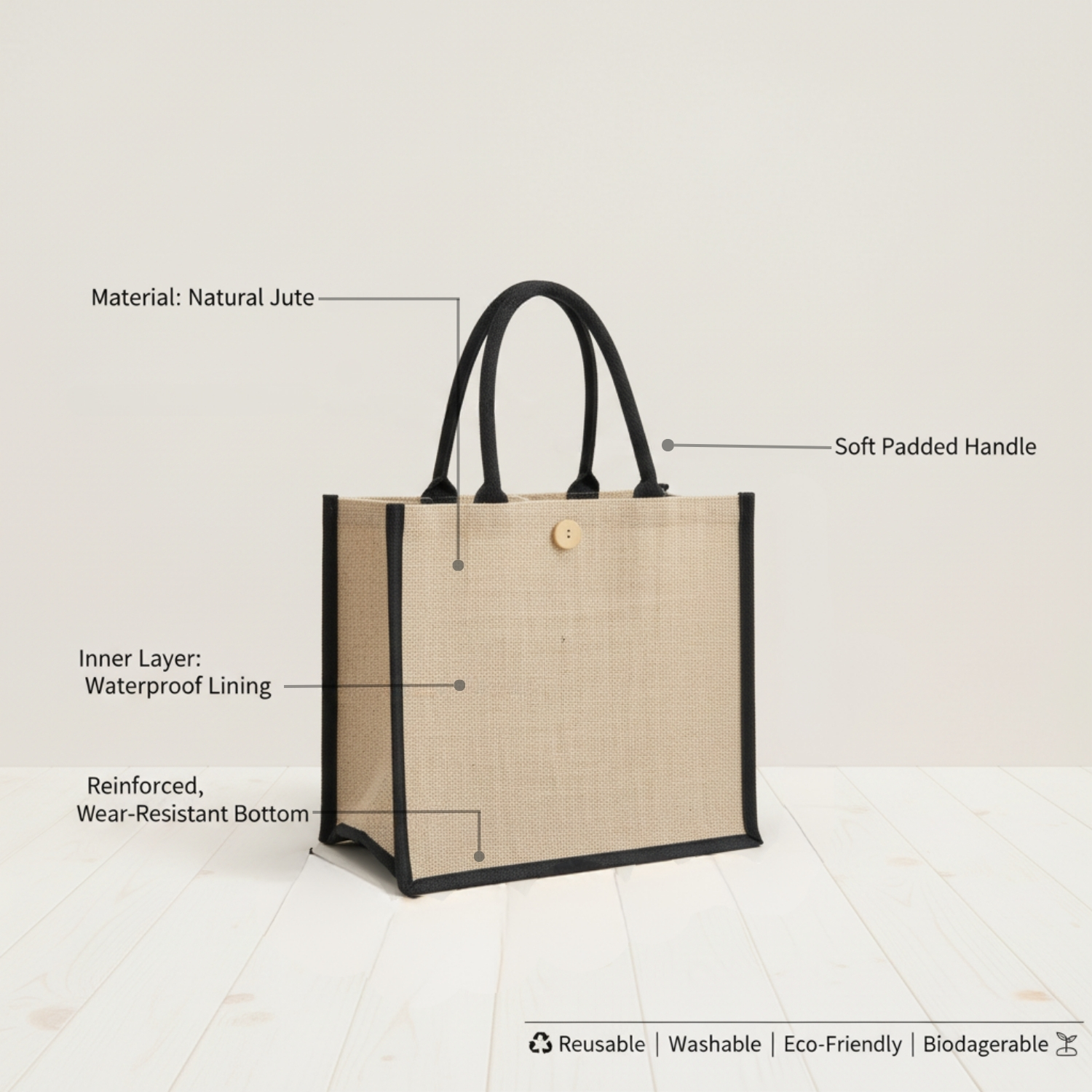 ButtonUp Jute Bag | Natural Jute Tote with Zipper Closure, Padded Handles & Waterproof Lining, Durable & Spacious | Eco-Friendly Carry Bag view 4