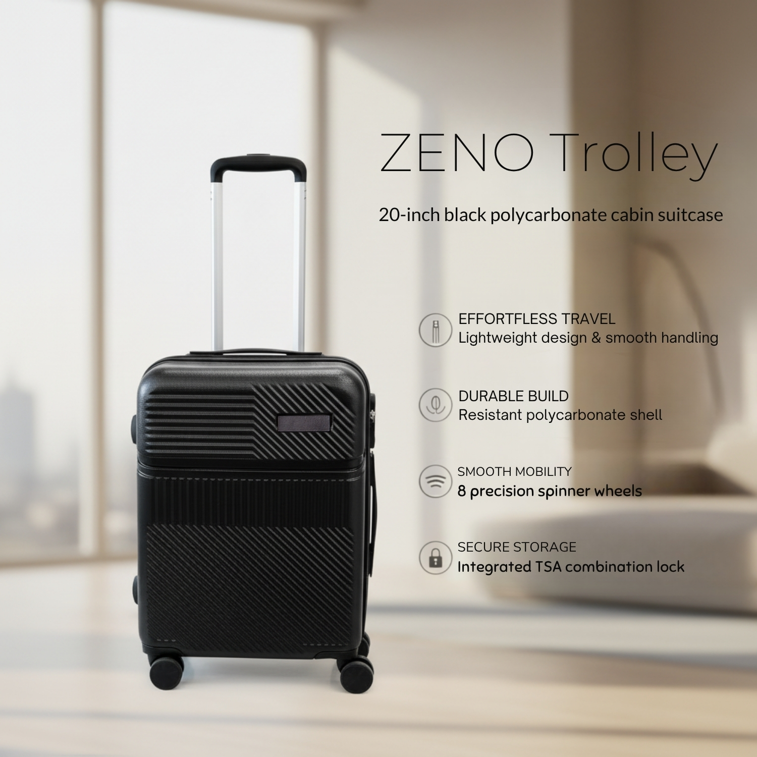 20-Inch Polycarbonate Cabin Suitcase | Lightweight Hard Shell Luggage with TSA Lock, 8 Spinner Wheels & Telescopic Aluminum Handle | Travel Carry-On Trolley Bag view 3